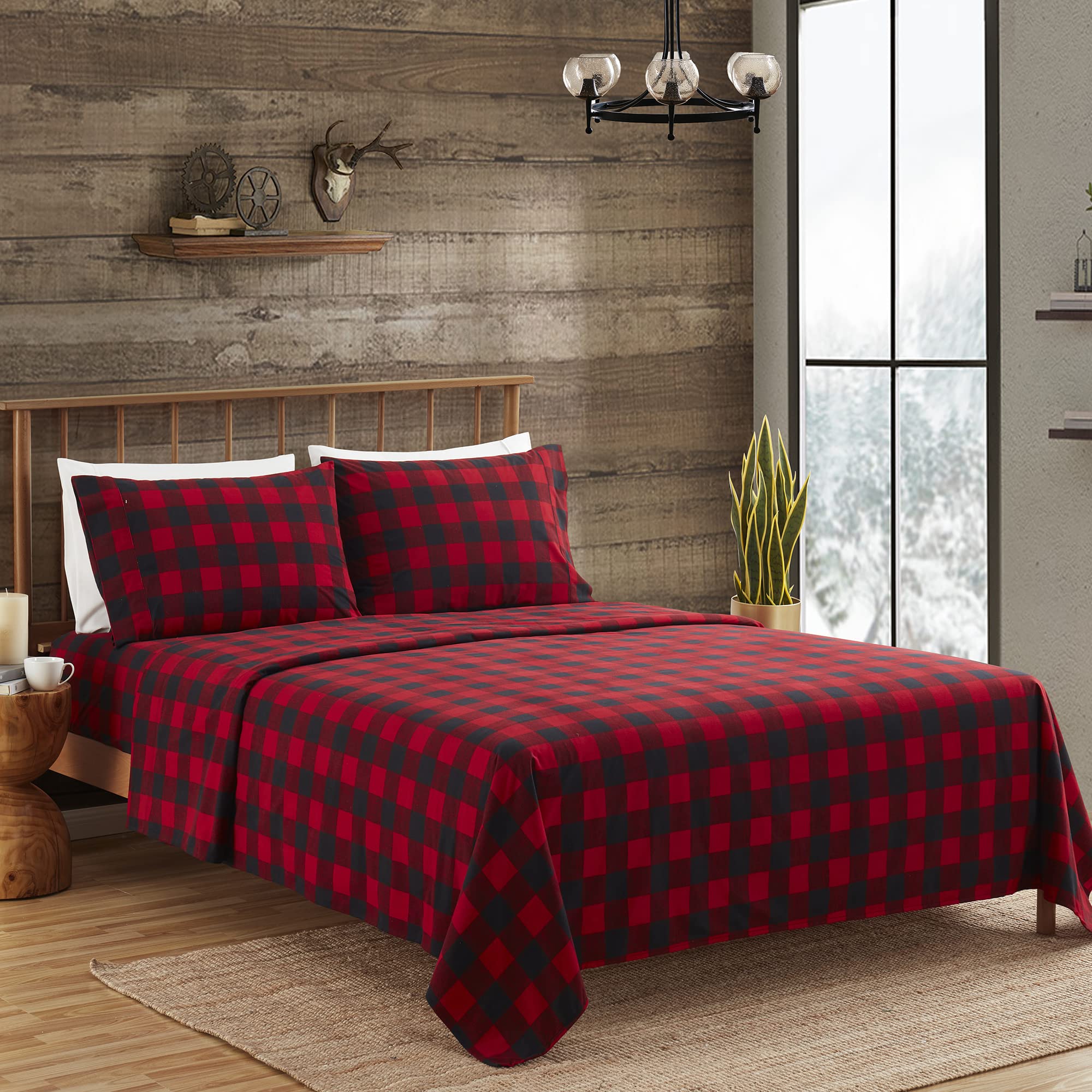 Flannel Sheets Warm And Cozy Deep Pocket Breathable All Season Bedding Set With Fitted, Flat And Pillowcases, Twin, Buffalo Check Plaid Burgundy