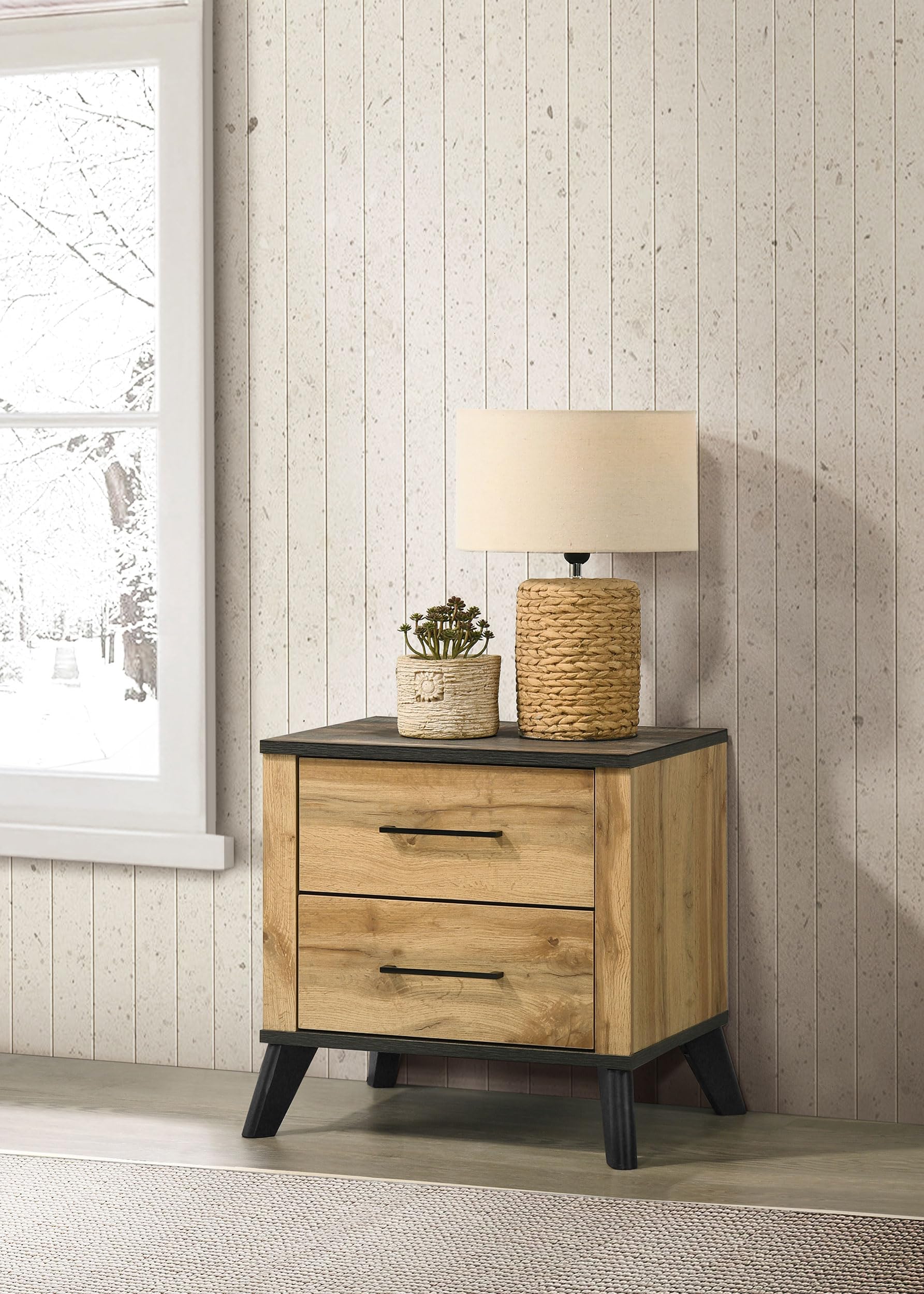 Coaster Home Furnishings Kaywood Mid-Century Modern Engineered Wood 2-Drawer Bedroom Nightstand Bedside Table Organizer Unit Weathered Brown and Natural Pine 225002