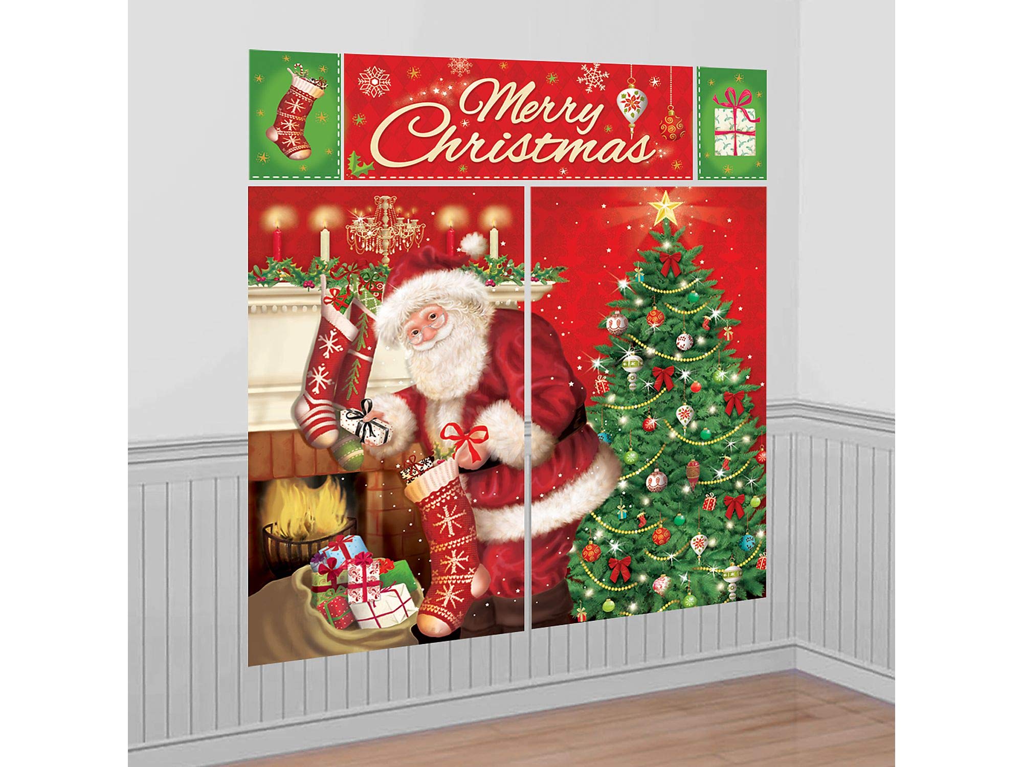 Amscan 670203 Merry Christmas Wall Vinyl Scene Setters Kit, 5 Ct. | Party Decoration 59 x 32 1/2