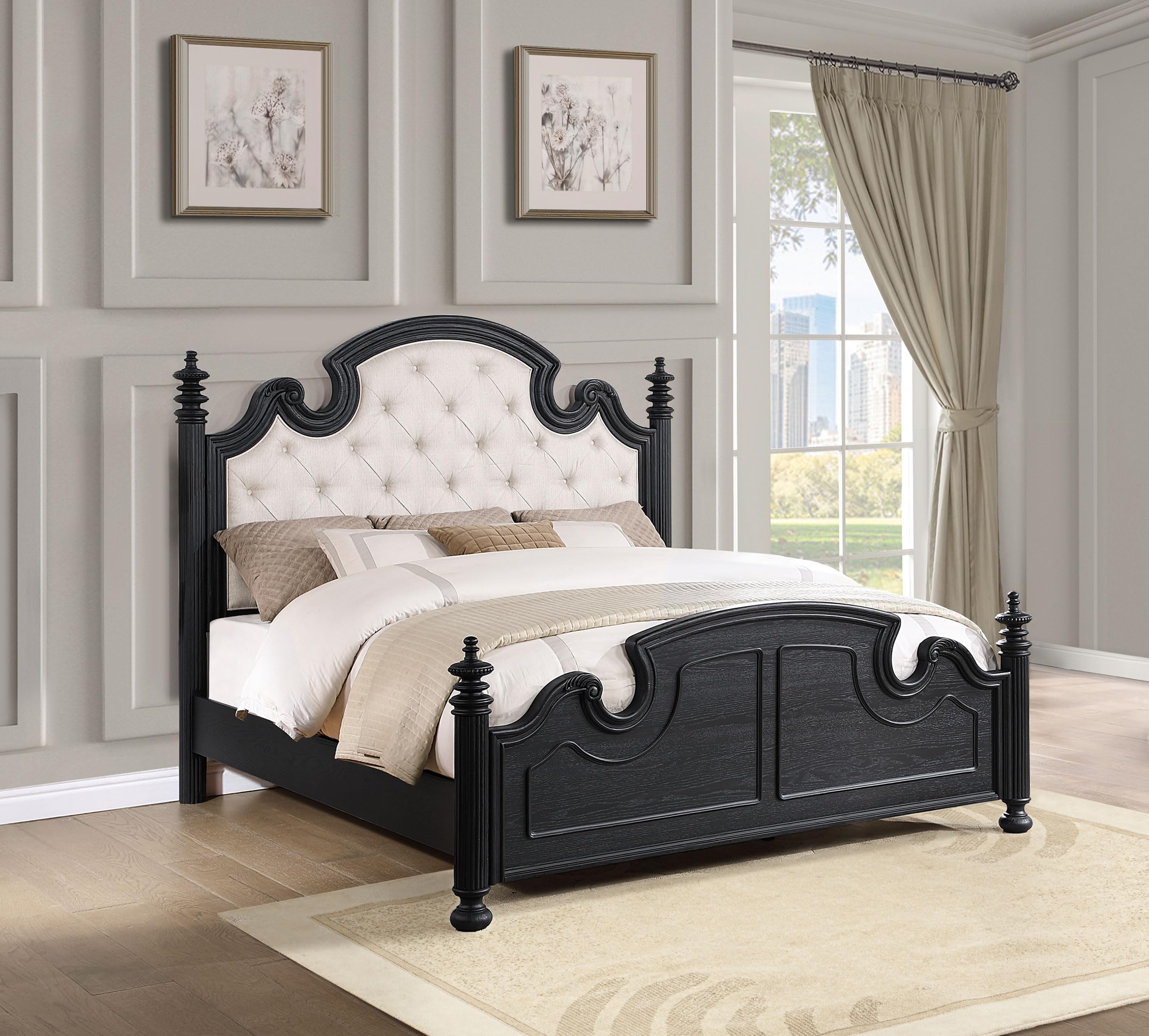 Coaster Home Furnishings Celina Traditional Fabric Upholstered Eastern King Size Four-Poster Bed Frame 70-inch Headboard Black 224761KE