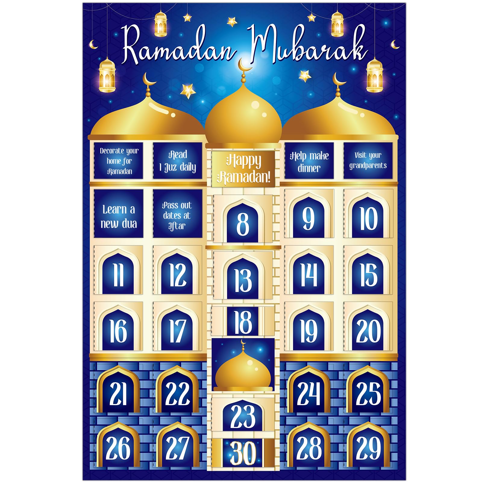 D4DREAM Ramadan Calendar 2024 Eid Mubarak Window Page Calendar for Kids 30 Days Ramadan Countdown Calendar Poster Gifts Blue Ram