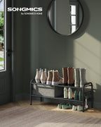 Songmics Shoe Rack, 2-Tier Shoe Organizer, Metal Shoe Shelf Storage With 4 Side Hooks, Holds 10 Pairs Of Shoes, Height-Adjustable Shoe Rack For Entryway, Hallway, Closet, Easy Assembly, Ink Black