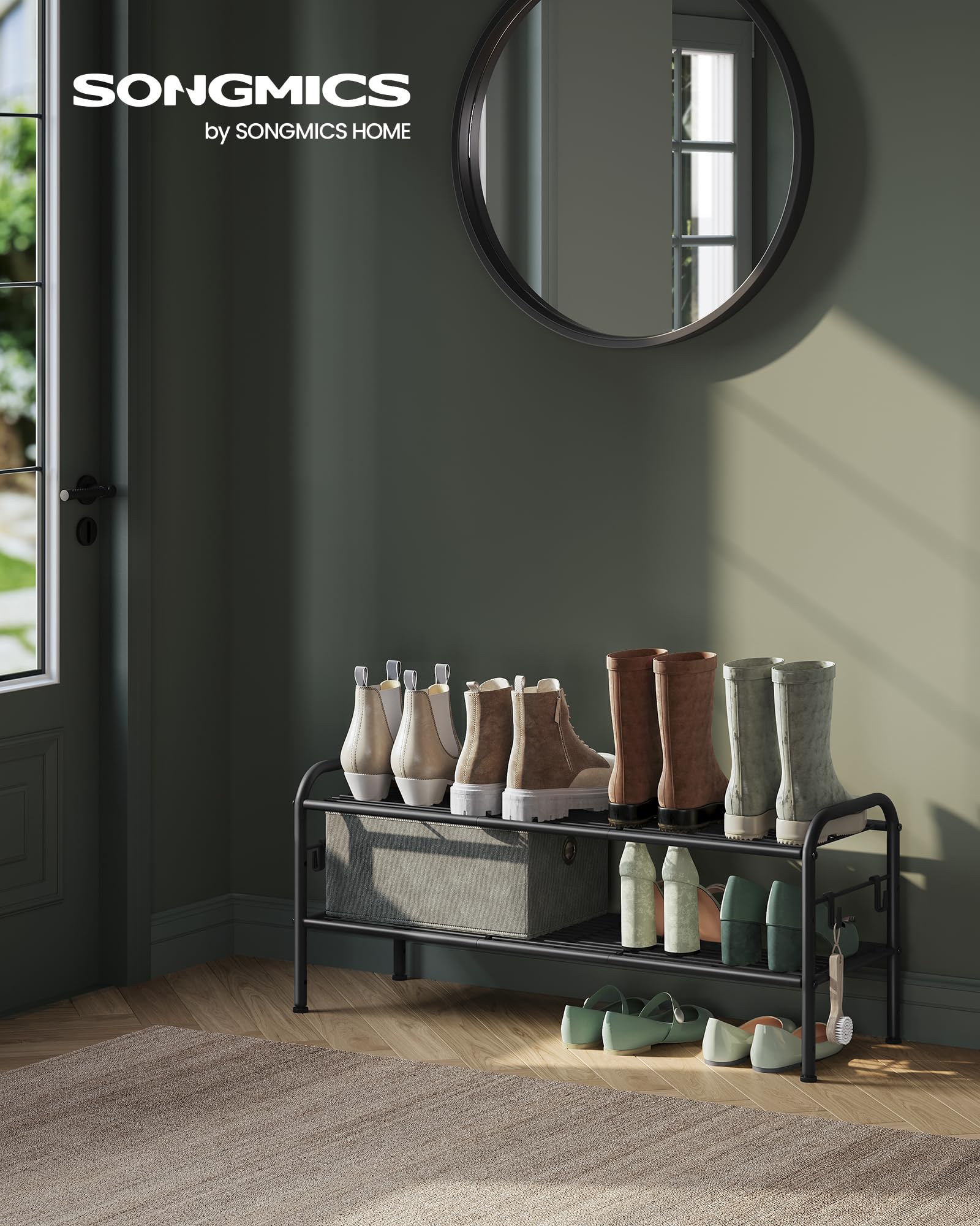 Songmics Shoe Rack, 2-Tier Shoe Organizer, Metal Shoe Shelf Storage With 4 Side Hooks, Holds 10 Pairs Of Shoes, Height-Adjustable Shoe Rack For Entryway, Hallway, Closet, Easy Assembly, Ink Black