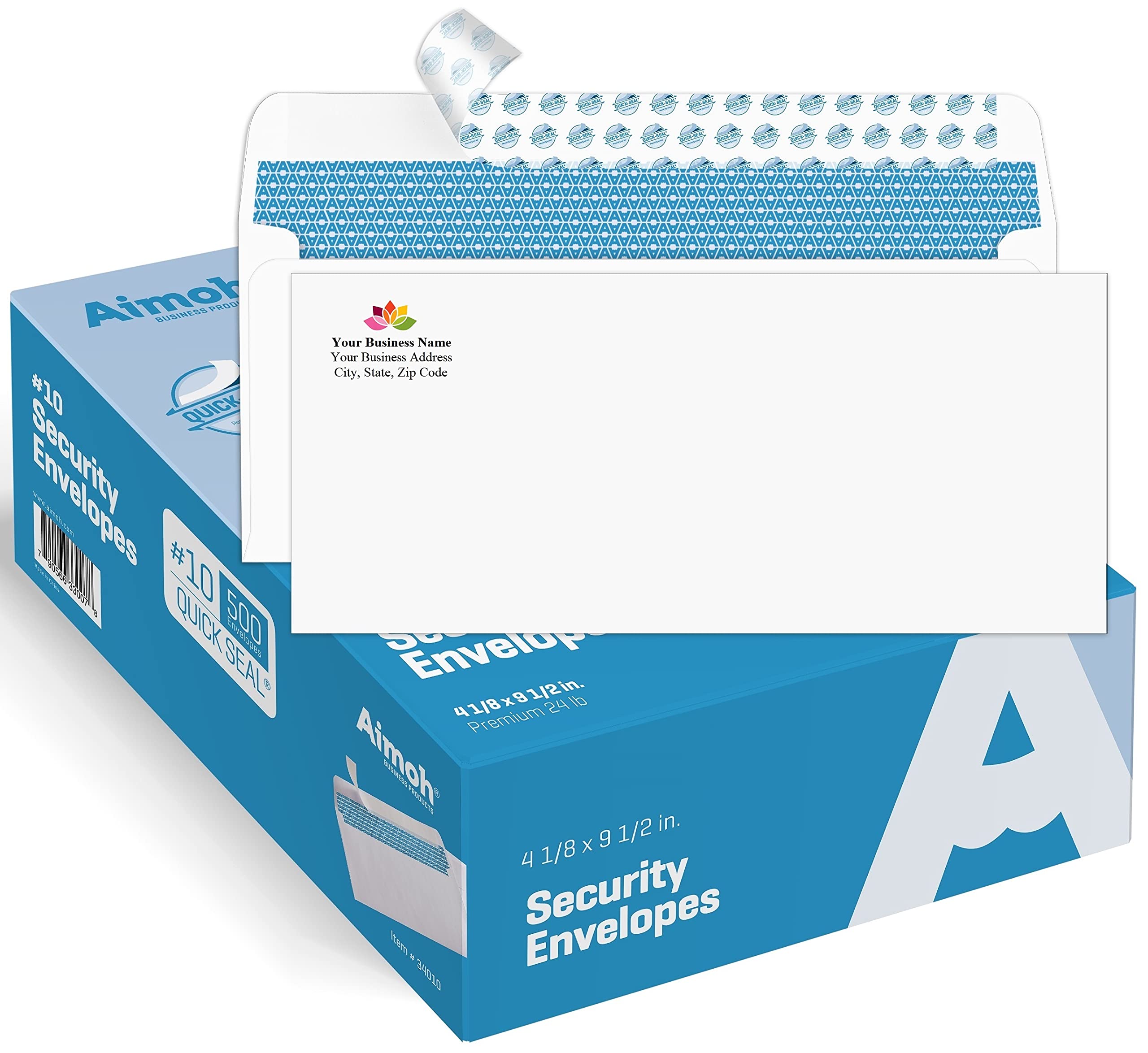 Aimoh #10 Custom Printed Security Tinted Self-Seal Envelopes - Personalized With Logo And Address/Return Address Imprinted -Size