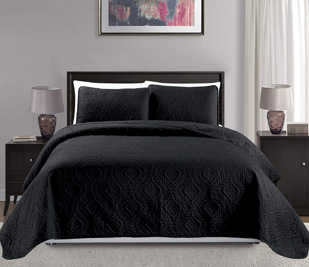 Mk Collection 3Pc Full/Queen Over Size Diamond Bedspread Bed Cover Embossed Solid Black New