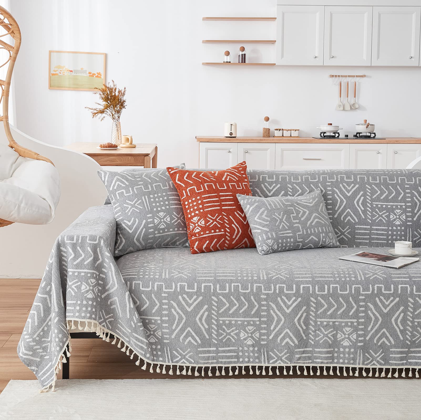 Handontime Bohemian Grey And White Couch Cover For Dogs Aztec Tribal Sofa Covers For 3 Cushion Couch Aesthetic Tassel Couch Slipcover Sofa Seat Cover Universal Loverseat Cover Futon Cover, 71' X134'