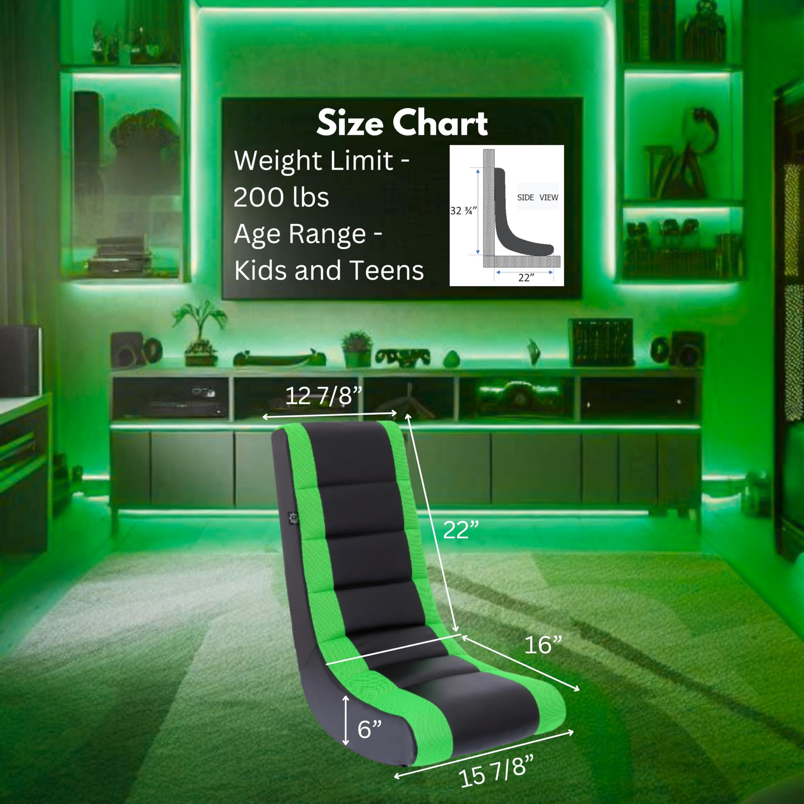 The Crew Furniture Classic Video Rocker Floor Gaming Chair, Kids And Teens, Racing Stripe Pu Faux Leather & Polyester Mesh, Black/Green