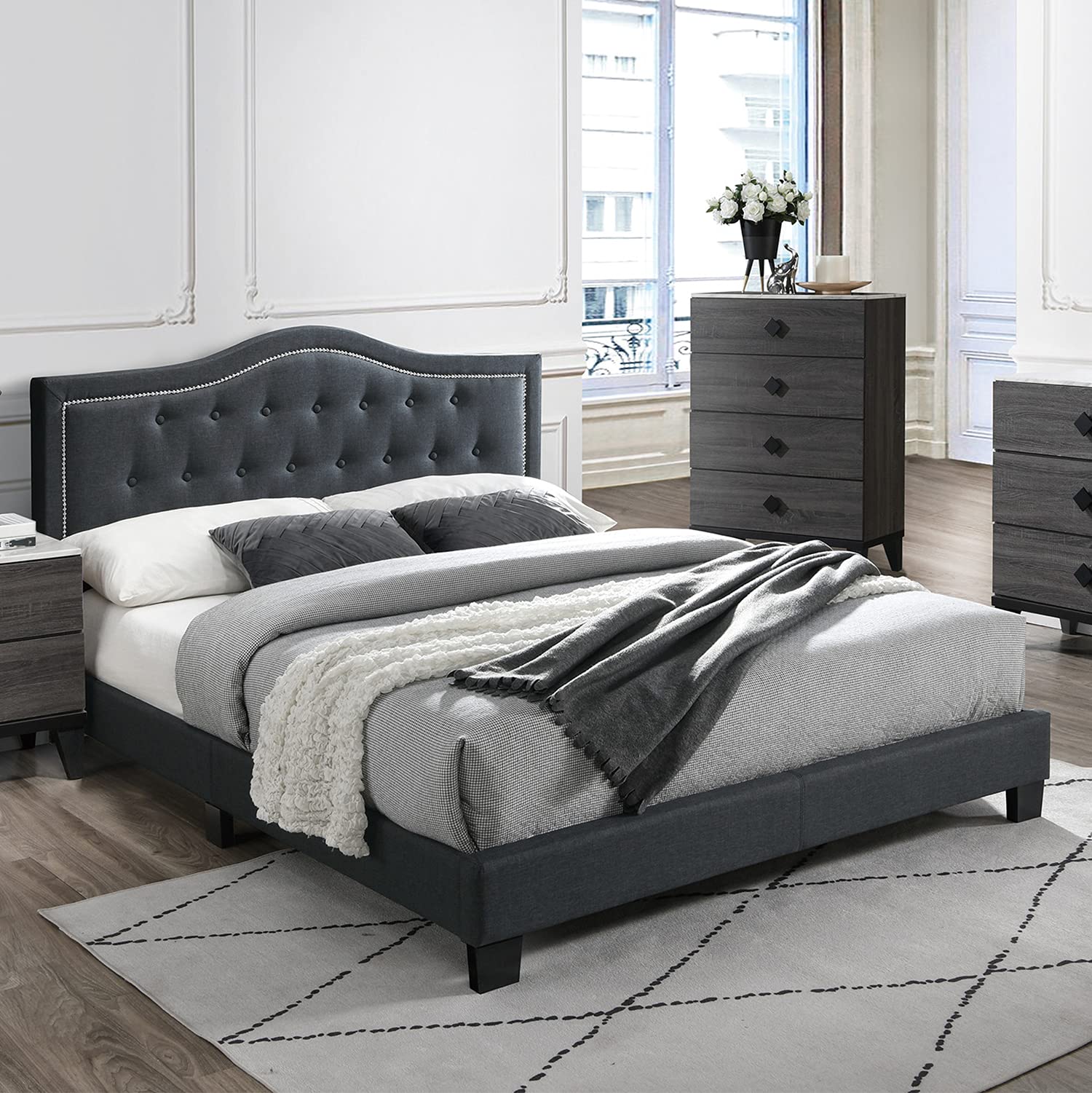Poundex Queen Fabric Upholstered Bed, Charcoal