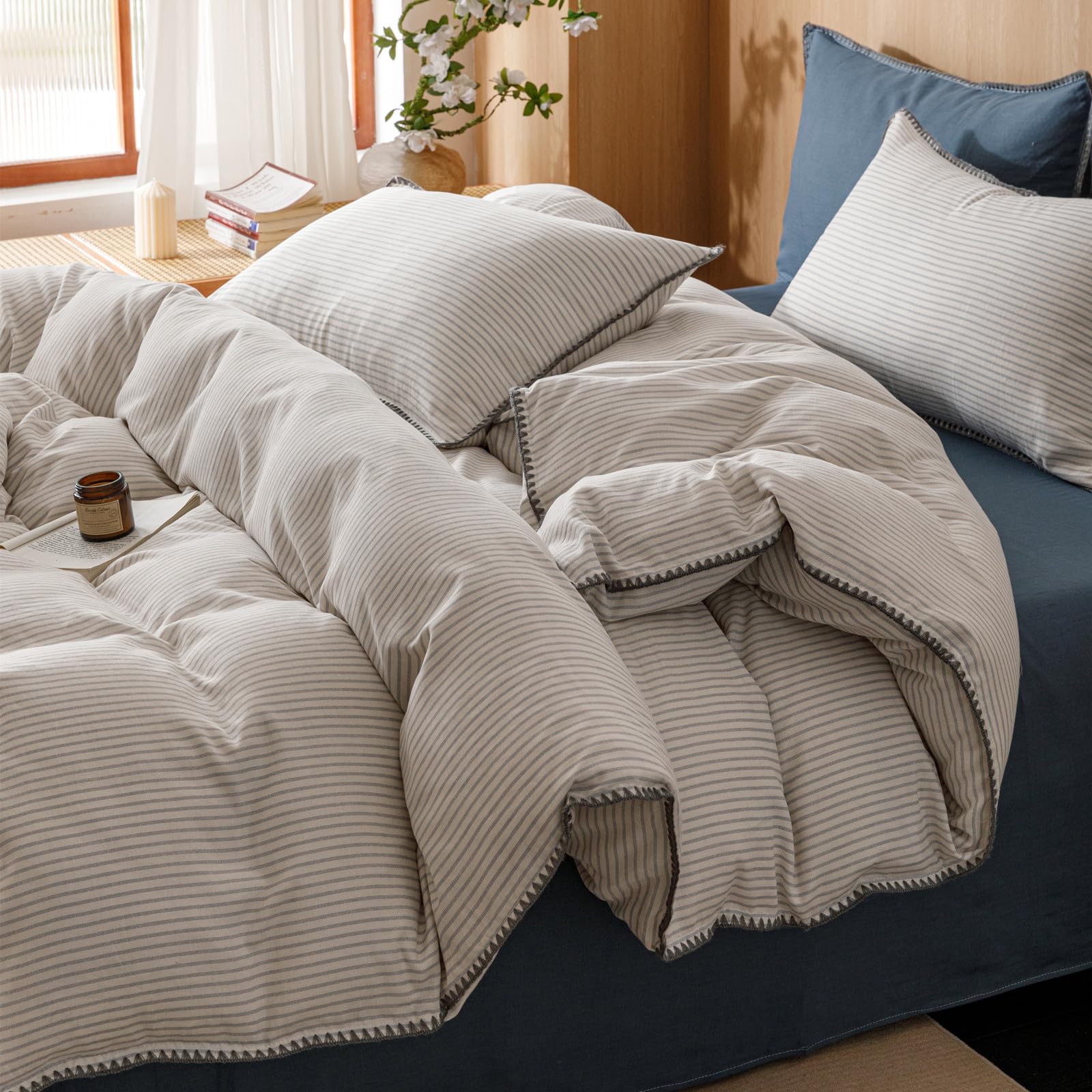 Vm Vougemarket Grey Blue Striped Duvet Cover King Yarn Dyed Muslin Cotton Duvet Cover With Embroidered Edge Super Soft Cozy Bedd