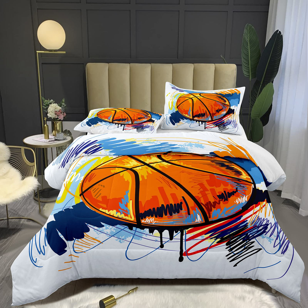 Bodhi 3D Hand Drawn Basketball Sports Comforter Set For Teen Boys,Kids Soft Microfiber Bedding Set With Pillowcases,Full Size,3P