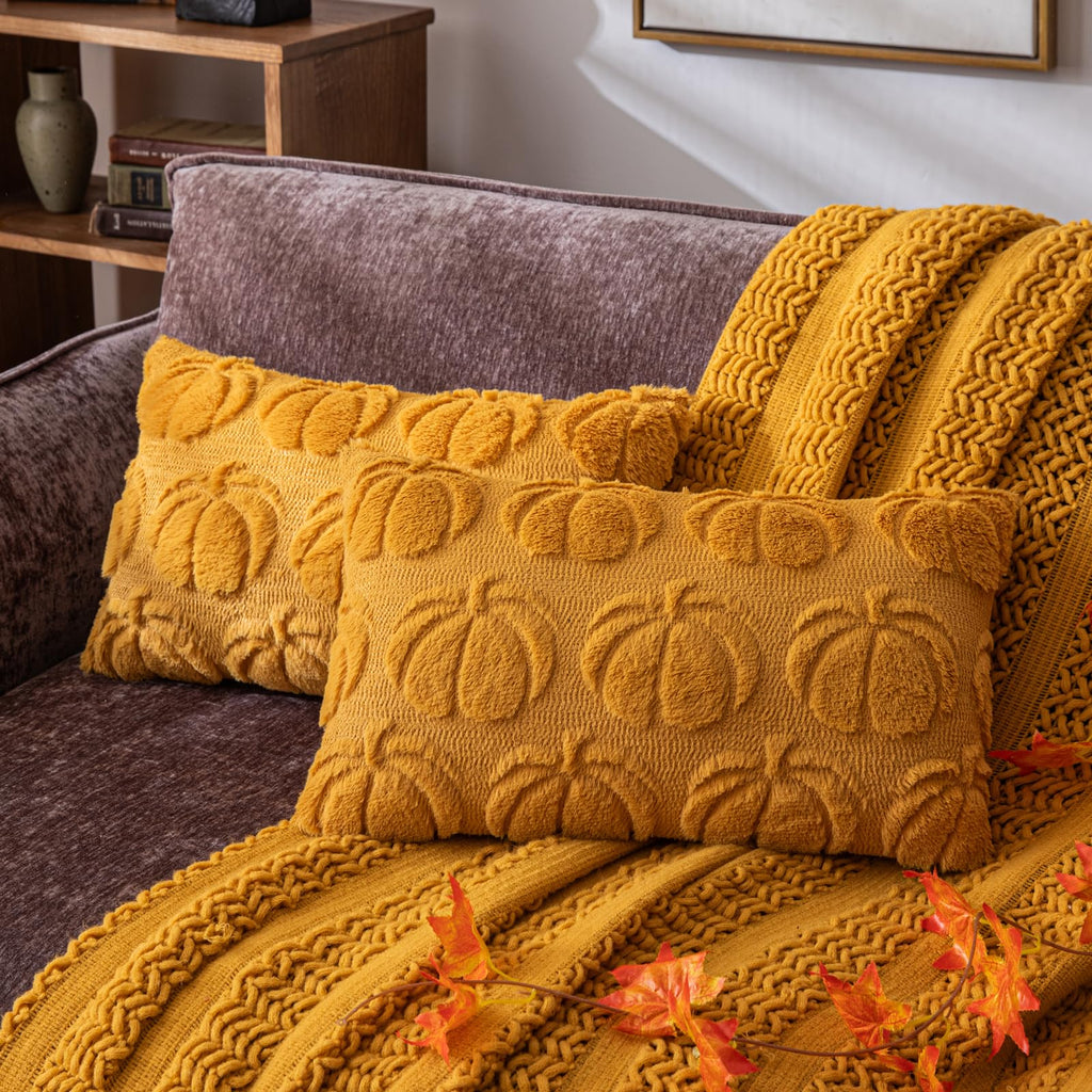 COSIBONO Pumpkin Fall Decorative Throw Pillow Covers 12'x20', Set of 2 Mustard Yellow Soft Faux Fur Pillow Covers for Autumn H