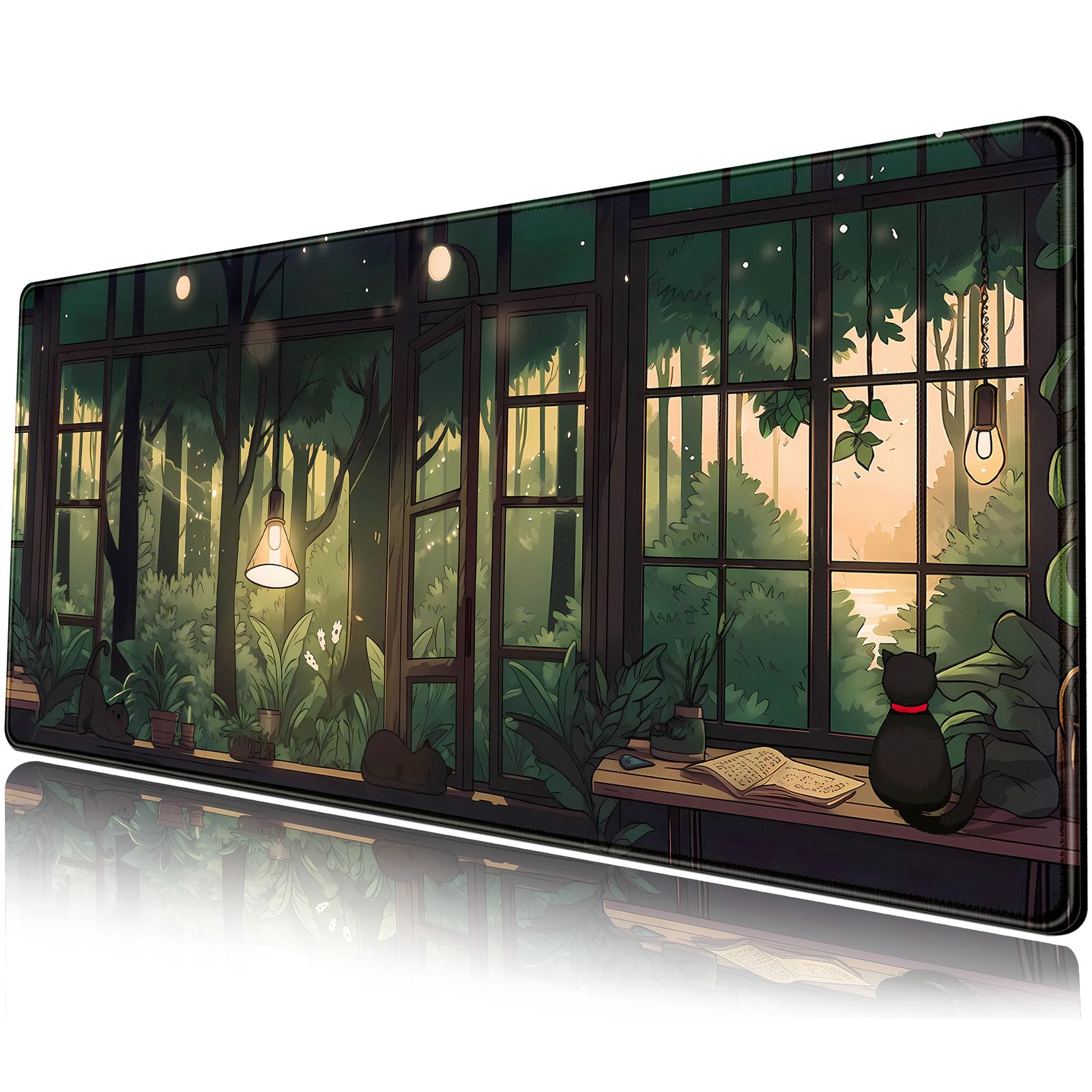 Cute Lofi Desk Mat Green Plants Mouse Pad Large Black Cat Aesthetic Desk Pad Kawaii Anime Extended Gaming Mousepad Xl Laptop Key