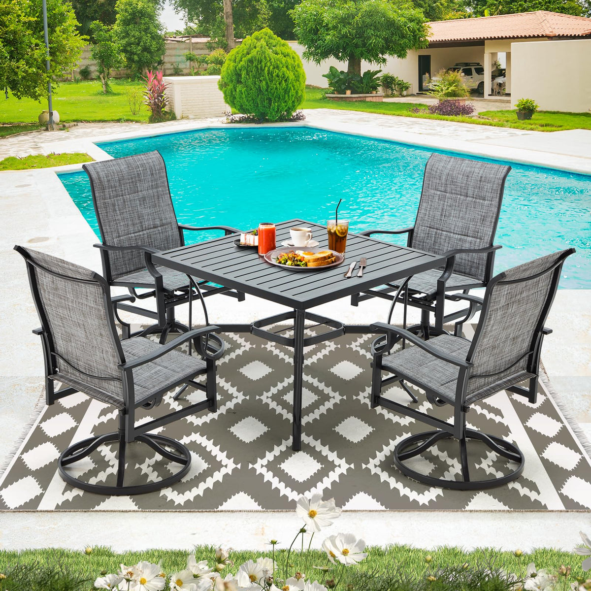 Bupplee 5-Piece Outdoor Patio Dining Set With 4 Swivel Rocker Chairs, 38'X 38'Metal Table With Umbrella Hole, 4-Person Patio T
