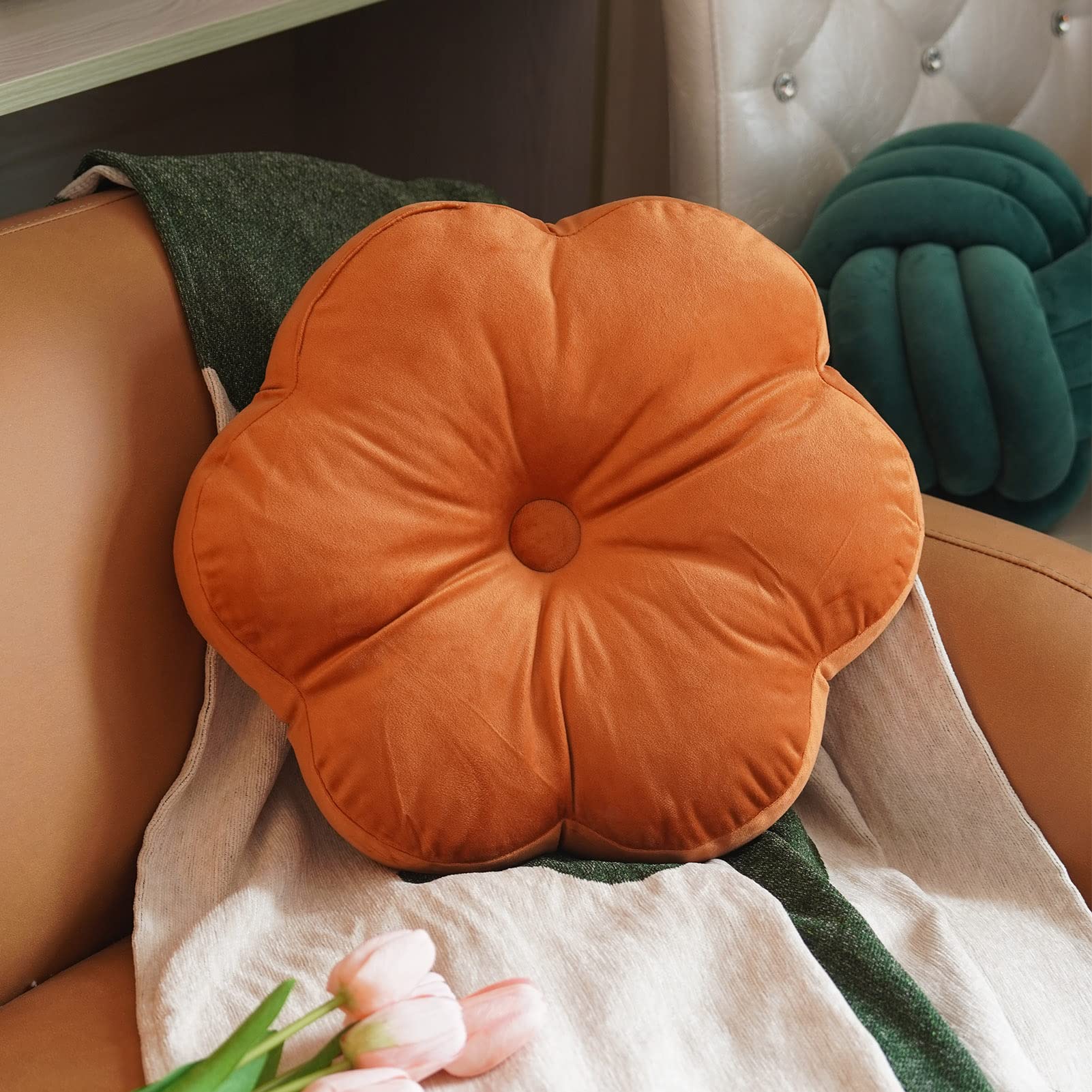 Artmagic Flower Shaped Velvet Decorative Throw Pillow Cushion Ultra Soft Cute Floor Pillow For Couch Bed Sofa, Burnt Orange, 16X