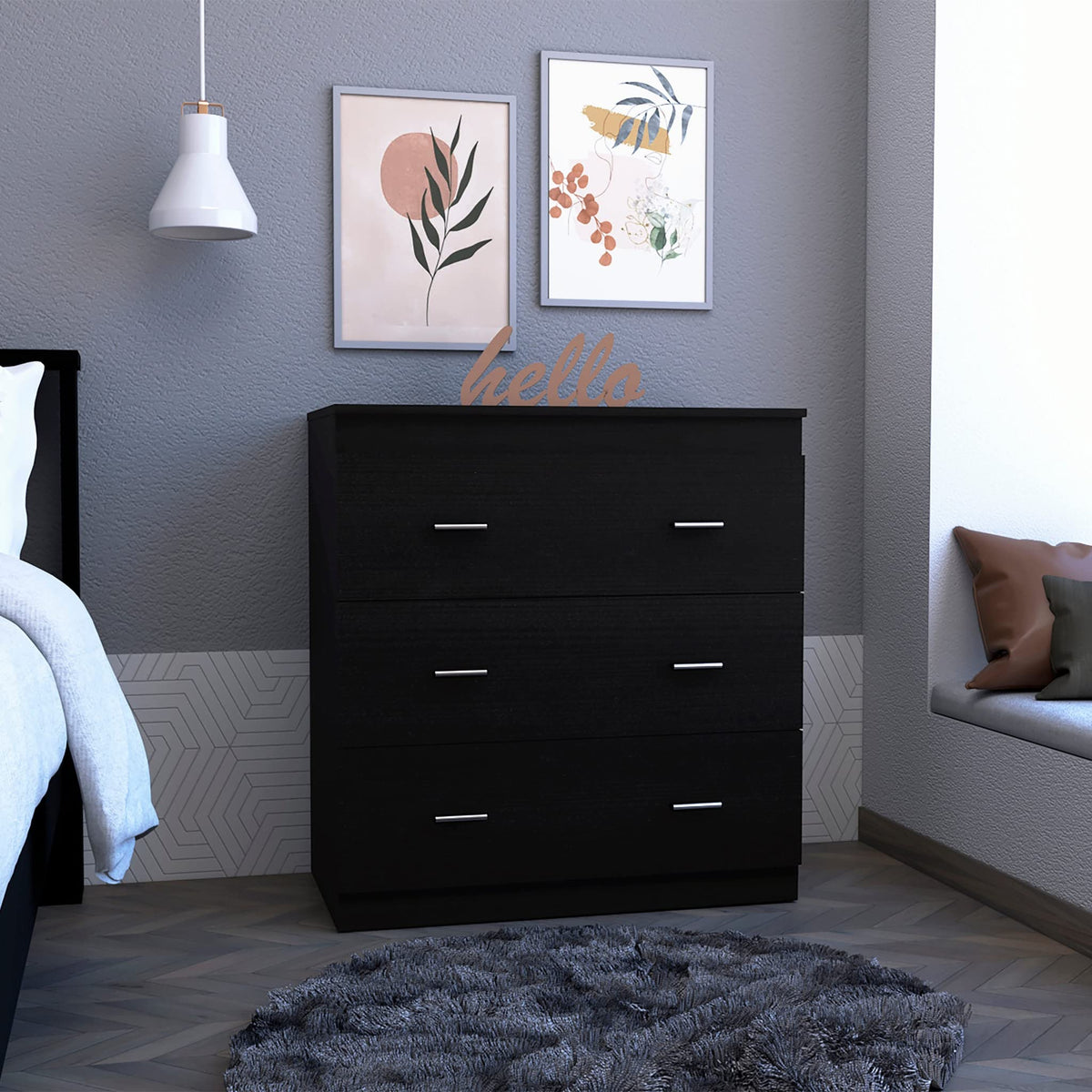 HomeRoots Particle Board 33&quot; Black Three Drawer Dresser