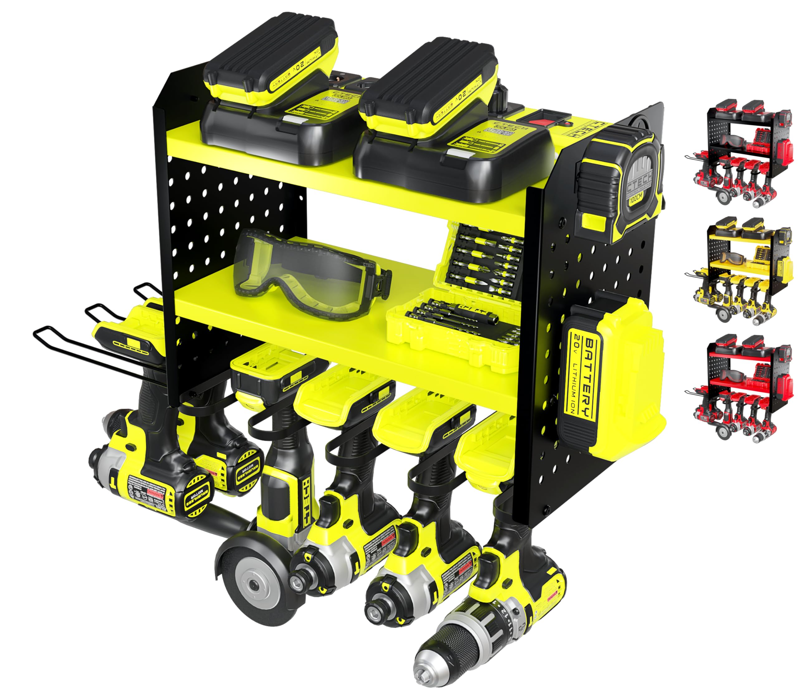 BUILTSTRONG Power Tool Organizer - 6 Drill Holder Wall Mount, 3-Tier Heavy-Duty Hand Tool Storage Rack With 2 Pegboard Sides - G