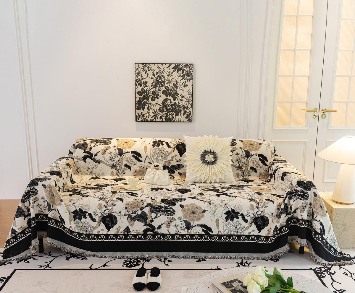 Roomlife Boho Black Floral Couch Cover For 2-3 Cushion Couch L Shape Sofa Covers For Sectional Sofa Silpcover For Dogs Cats Wash