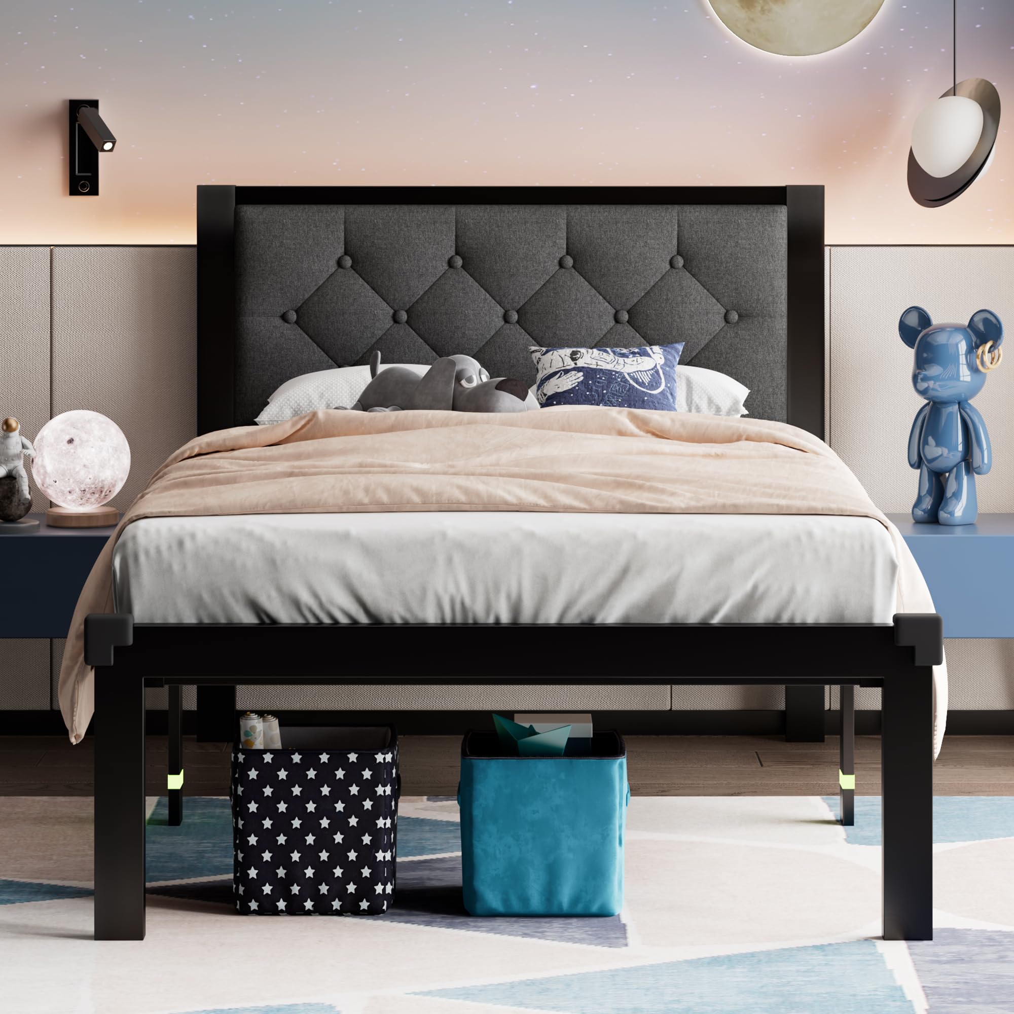 Feonase Twin Size Metal Bed Frame With Linen Upholstered Headboard, Heavy-Duty Platform Bed Frame With 12' Storage, Steel Slats Support, No Box Spring Needed, Gray