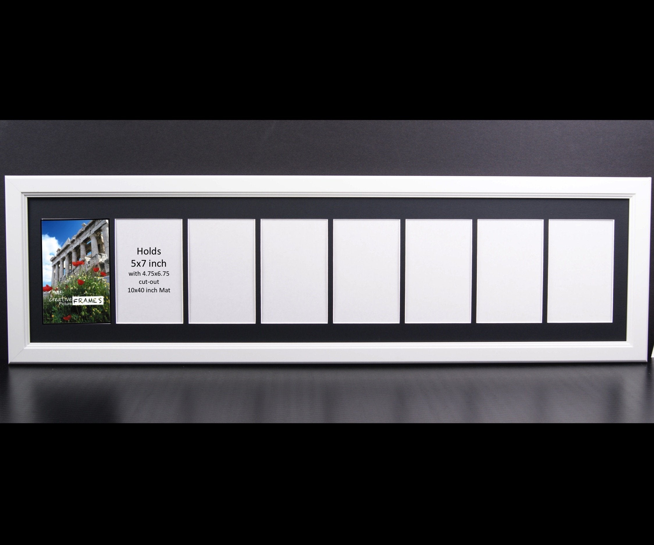CreativePF 8 Opening Glass Face White Picture Frame to hold 5 by 7 inch Photographs including 10x40-inch Black Mat Collage