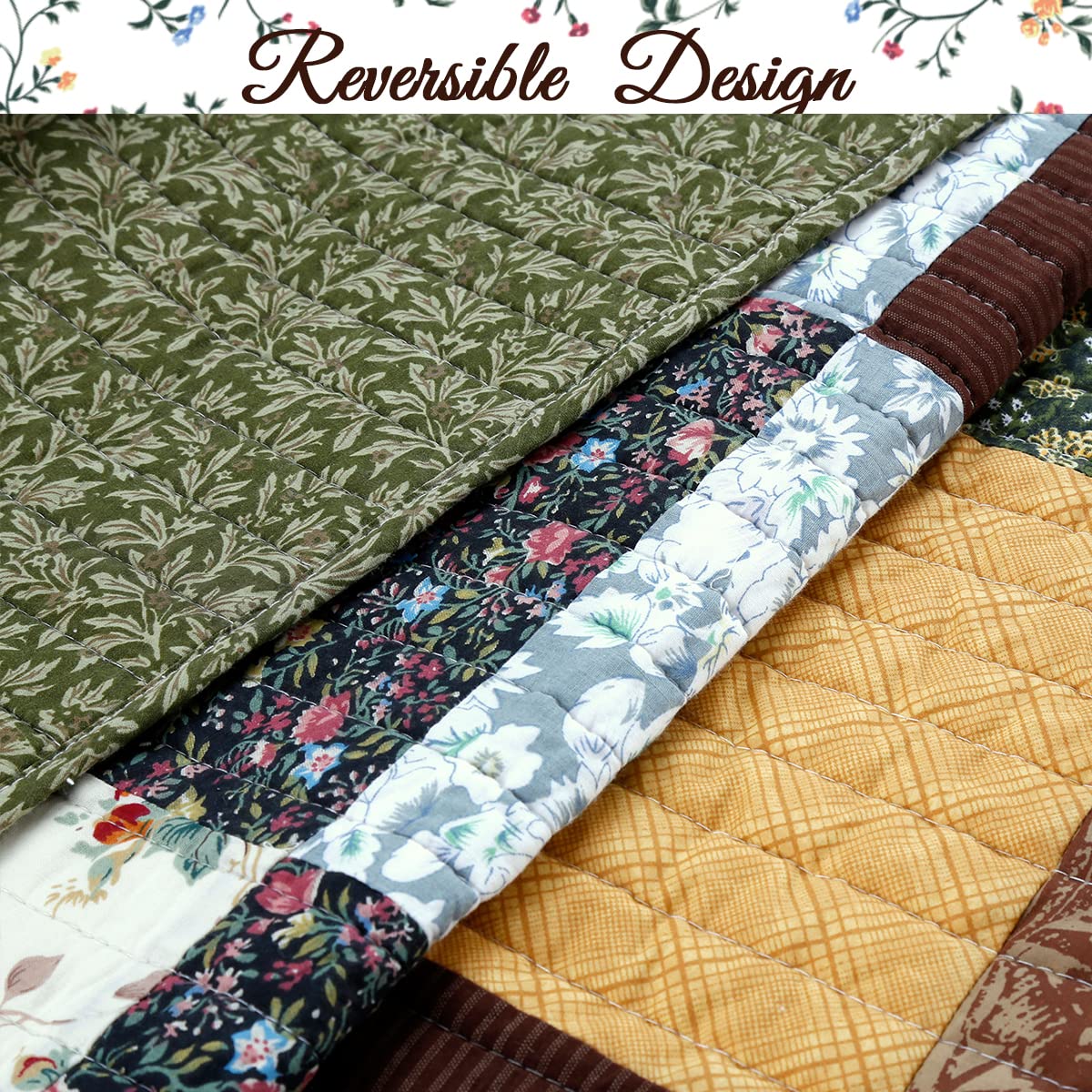 Cozy Line Home Fashions Olive Country Style Yellow Cotton Real Patchwork Quilt Bedding Set, Reversible Coverlet, Bedspread (Brow