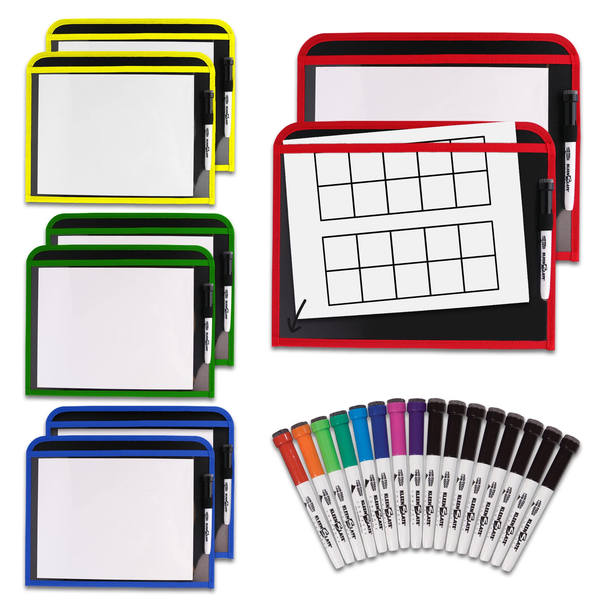 Kleenslate (8) Durable Dry Erase Pockets With Sturdy Back And Clear Vinyl Sleeve + (16) Dry Erase Markers With Erasers- (8) Blac