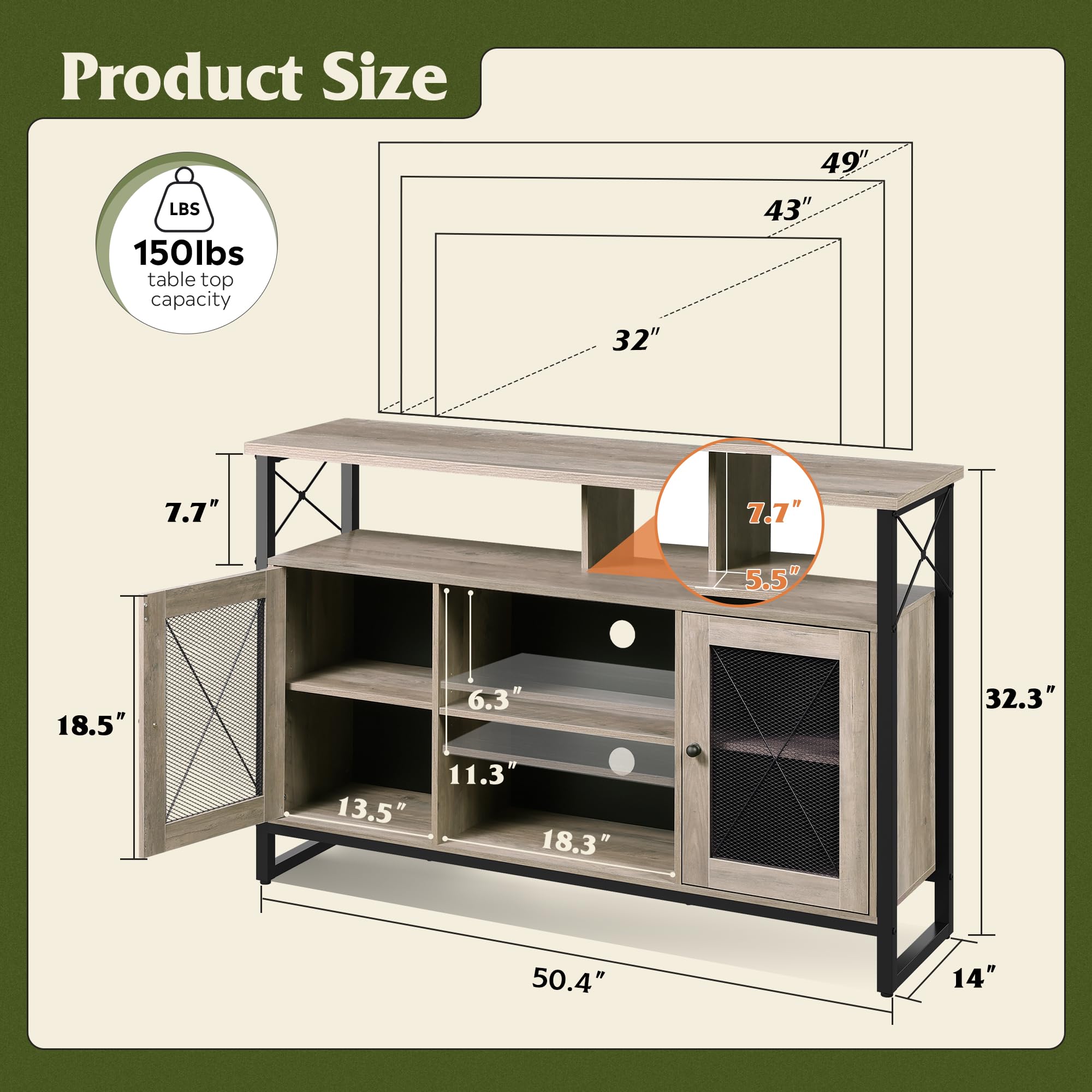 Wlive Tv Stand 55 Inch Tv, Tall Entertainment Center With Storage, Farmhouse Industrial Tv Console For Bedroom Living Room, Greige