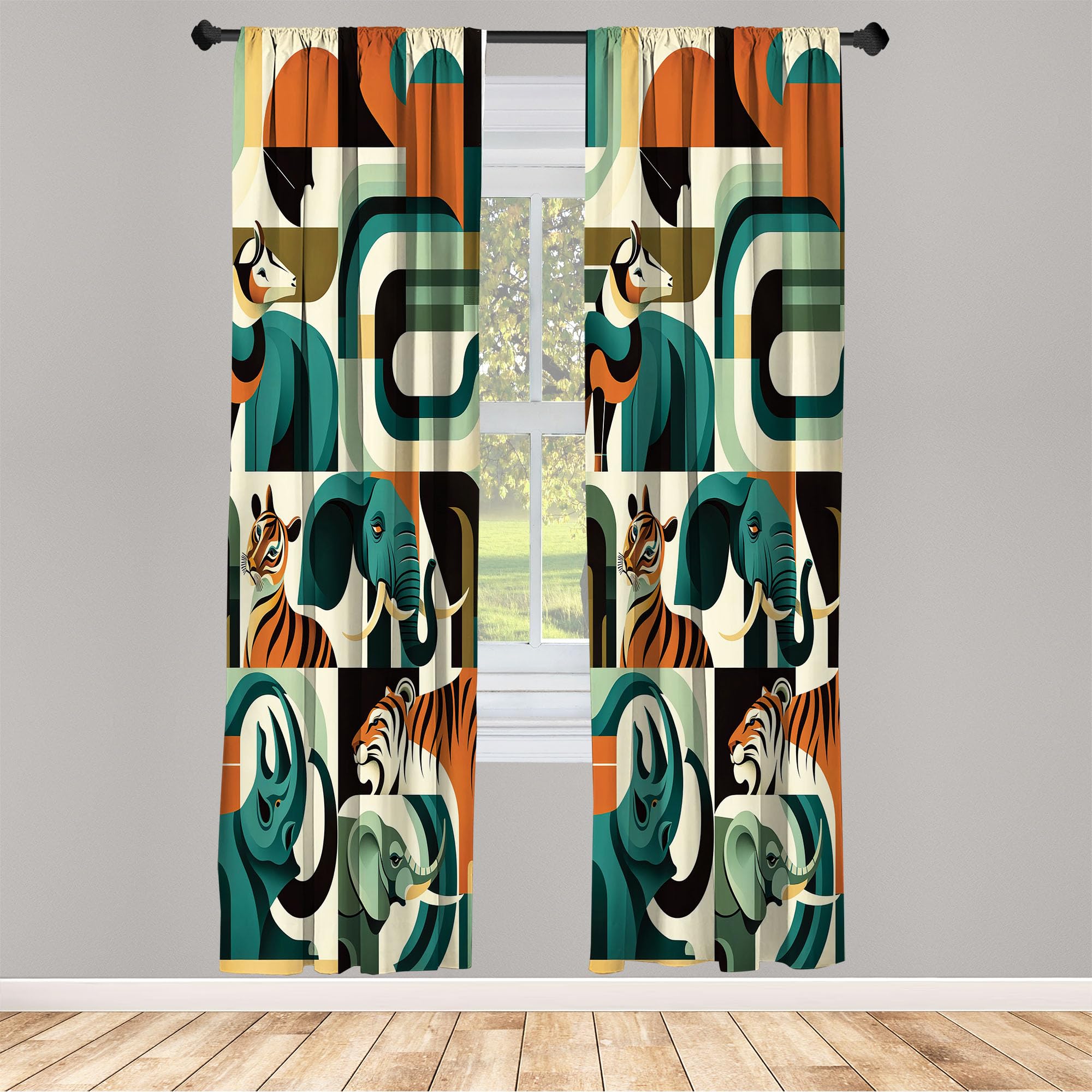 Ambesonne Animals Curtains, Urban Jungle Themed Modern Boho Detail Roundy Fox Elephant Tiger Print, Window Treatments 2 Panel Se