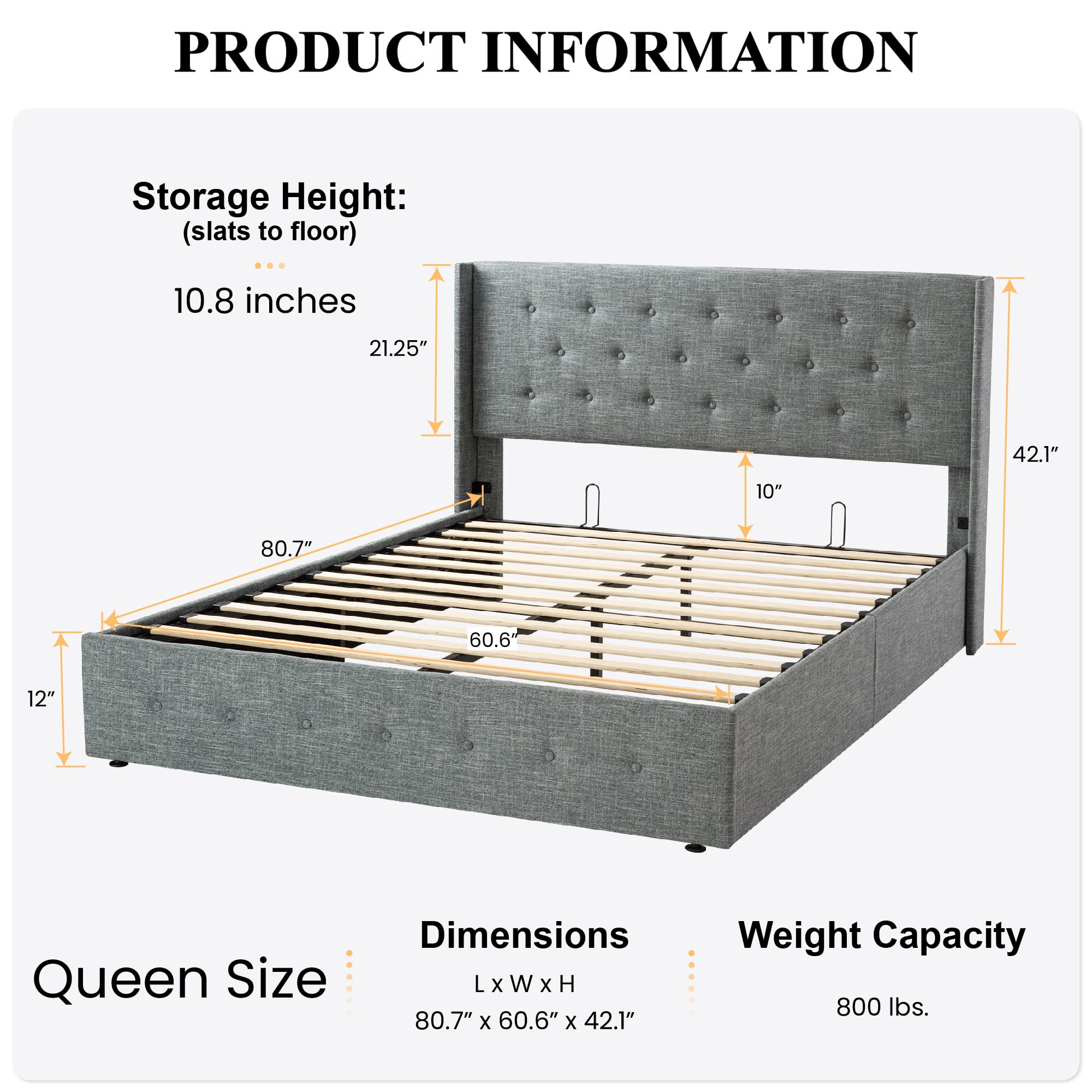 Sha Cerlin Queen Size Lift Up Storage Bed/Button Tufted Wingback Headboard/Hydraulic Storage/Upholstered Platform Bed Frame/No Box Spring Needed/Wood Slats Support/Grey Blue