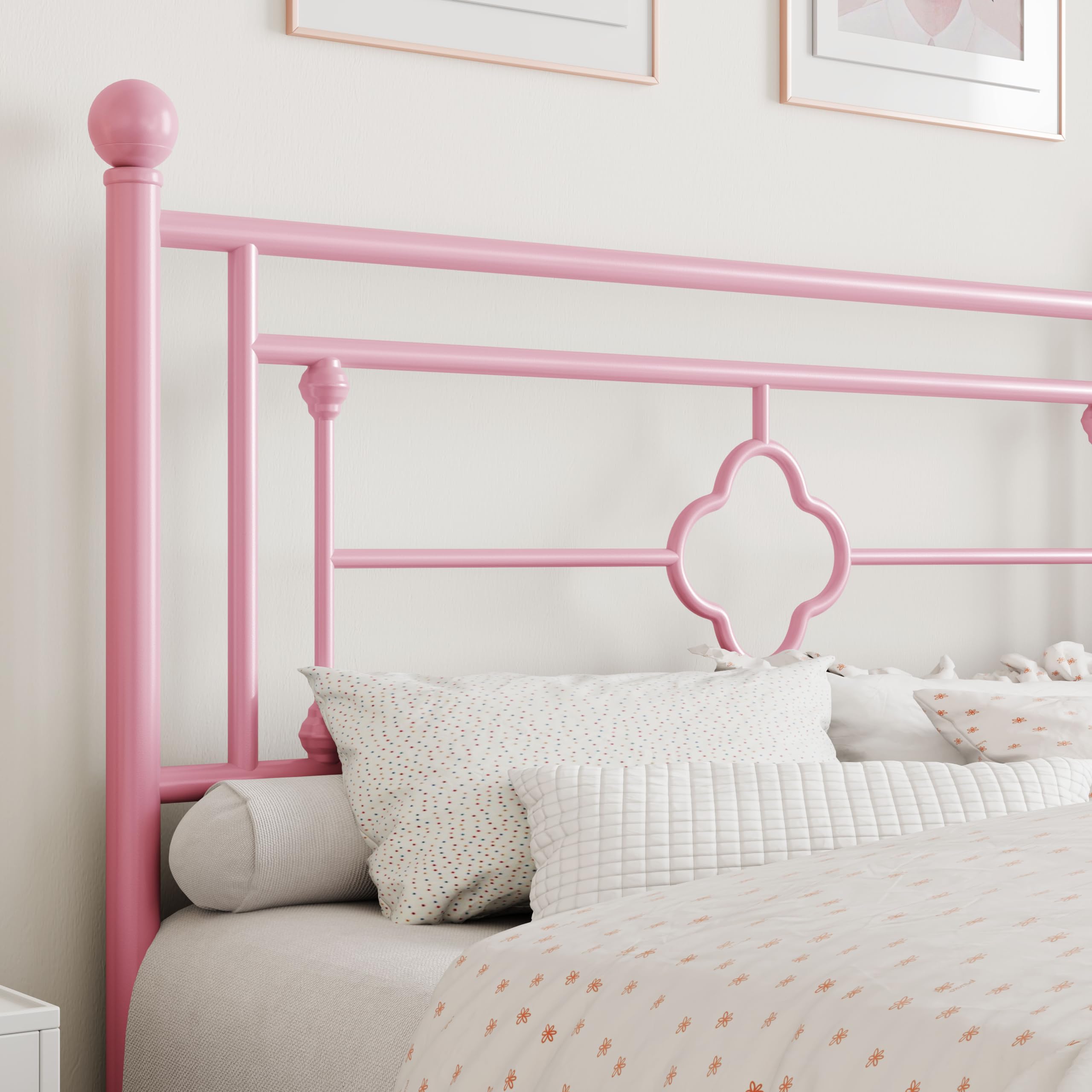 Sha Cerlin 14 Inches King Size Metal Platform Bed Frame/Vintage Iron-Art Headboard And Footboard/Mattress Foundation For Storage/No Box Spring Needed/Noise-Free/Easy Assembly/Pink