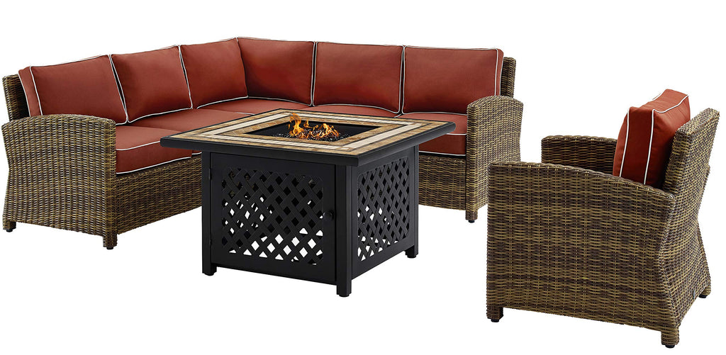 Crosley Furniture Bradenton 5-Piece Wicker Outdoor Sectional Sofa Patio Furniture Set with Fire Pit Table, Brown with Sangria Cushions