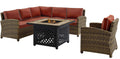 Crosley Furniture Bradenton 5-Piece Wicker Outdoor Sectional Sofa Patio Furniture Set with Fire Pit Table, Brown with Sangria Cushions