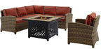 Crosley Furniture Bradenton 5-Piece Wicker Outdoor Sectional Sofa Patio Furniture Set with Fire Pit Table, Brown with Sangria Cushions