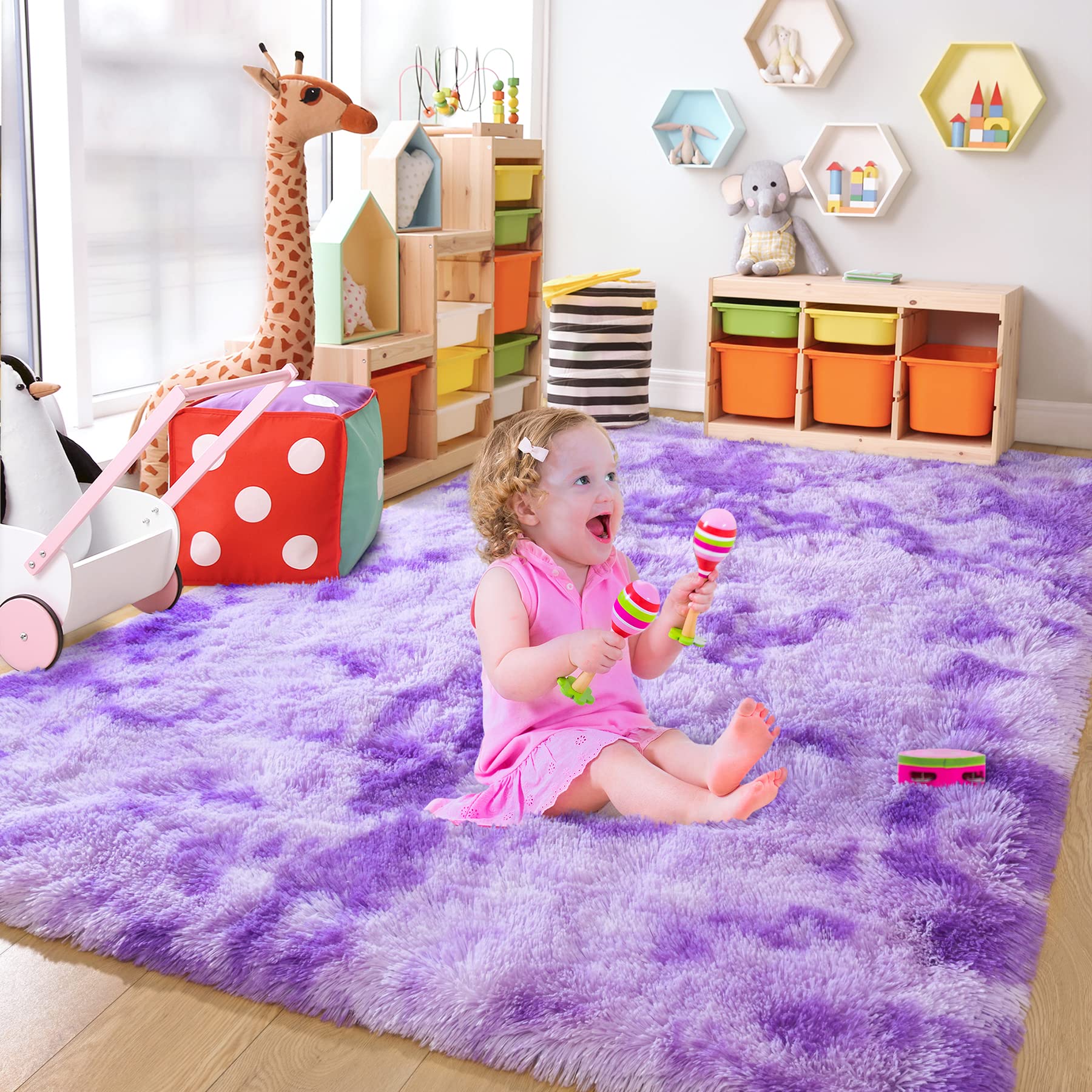 Chicrug Cute Purple Area Rug For Girls Bedroom, 5X8 Feet Fluffy Kids Rug For Room Decor, Shag Soft Dorm Playroom Rug, Bedside Ru