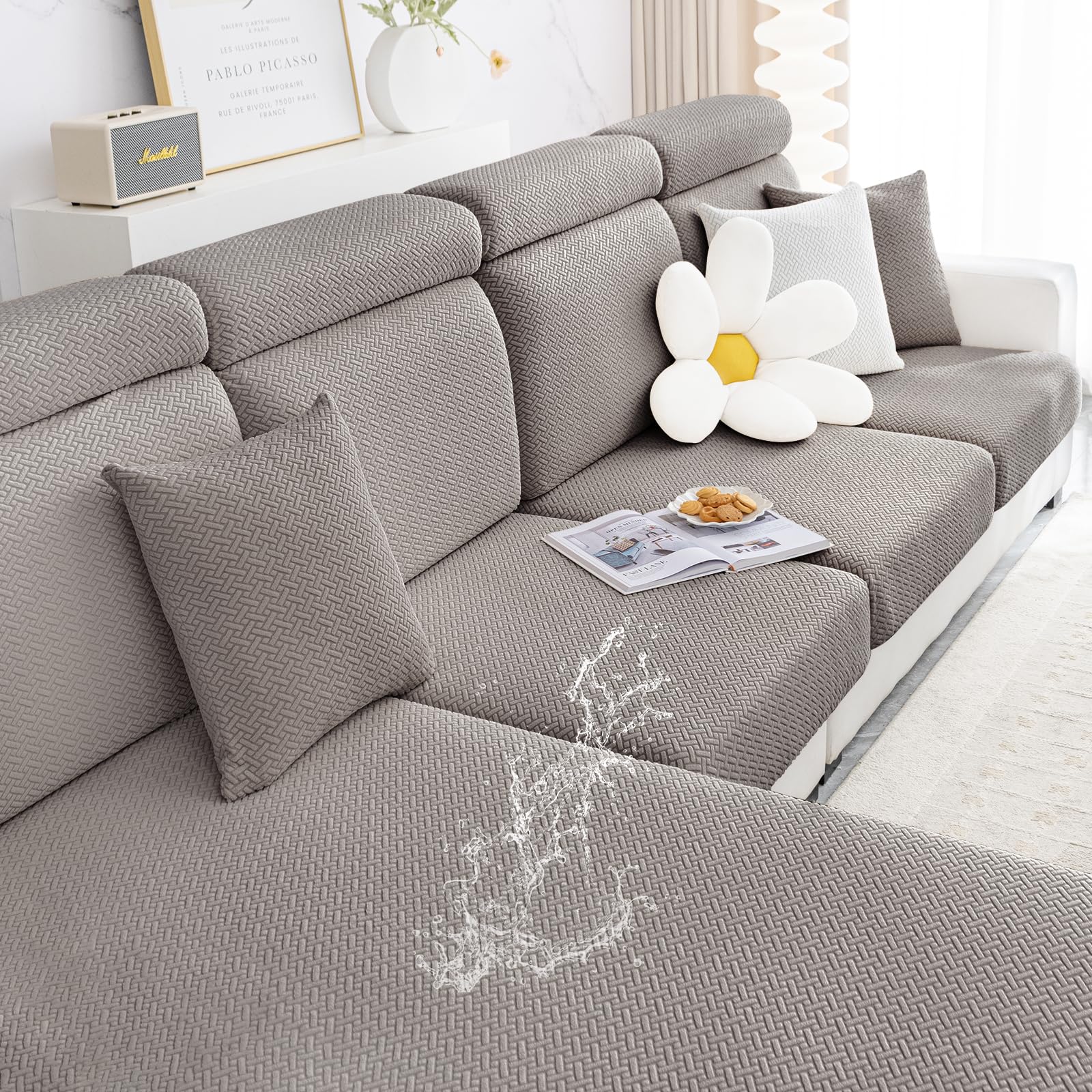 Smiry Waterproof Couch Cushion Covers, Stretch Jacquard Sectional Couch Covers, L Shape Chaise Lounge Sofa Slipcover, Washable Elastic Furniture Protector For Pets, Kid (Chaise Cover, Taupe)