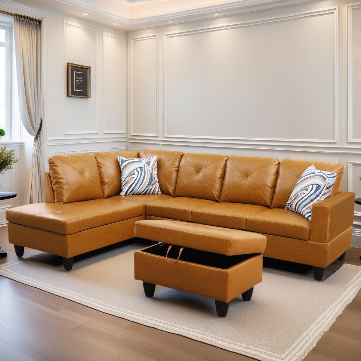 Fontoi Leather Sectional Couch, Modern L Shaped Couches For Living Room, Comfy 4 Seat Modular Sectional Sofa With Ottoman Storag