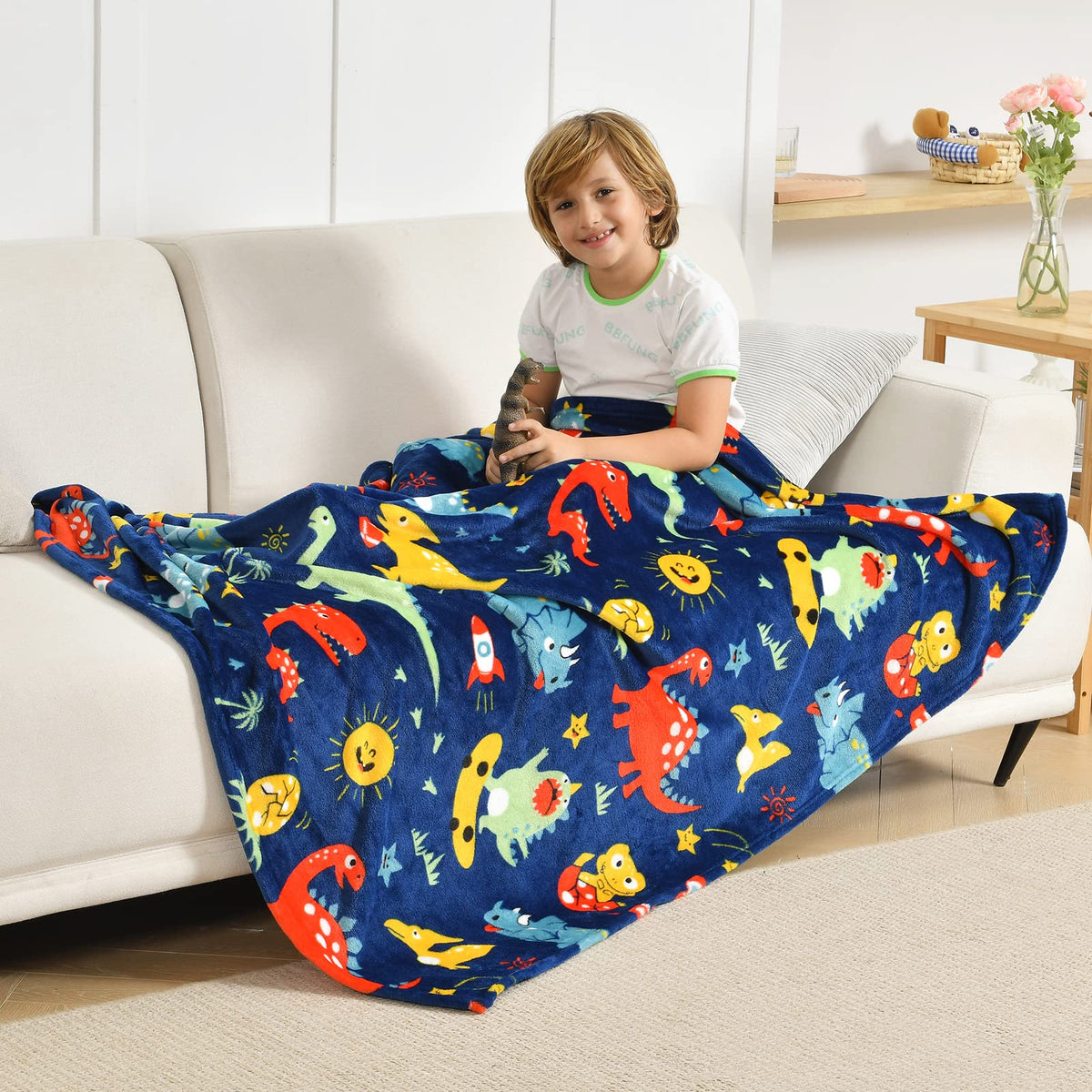 Sochow Dinosaur Fleece Throw Blanket For Kids Boys And Girls, Soft Lightweight Cozy Warm Flannel Blanket For Toddler Bed, Navy B