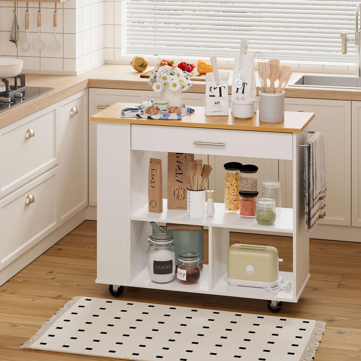 Shintenchi Kitchen Island On Wheels With Storage, Wheeled Island & Cart With 3-Tier Spice Rack, 3 Open Shelves And 1 Drawer, Whi