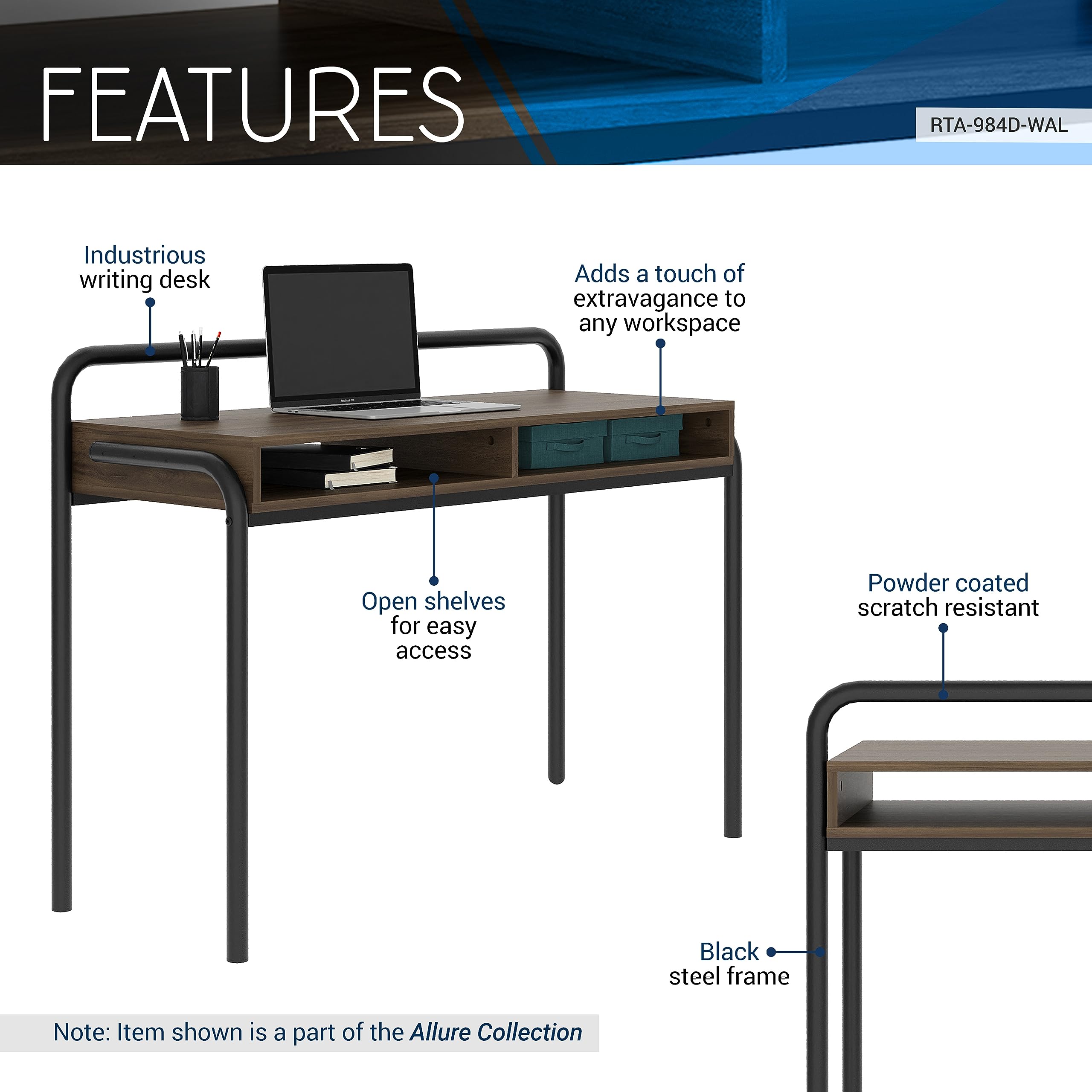 Techni Mobili Modern Office Desk with Storage - 46 Inch Classic Writing Table with 2 Open Shelves for Easy Access - Industrial Walnut Desk with Scratch Resistant Steel Frame Allure Collection