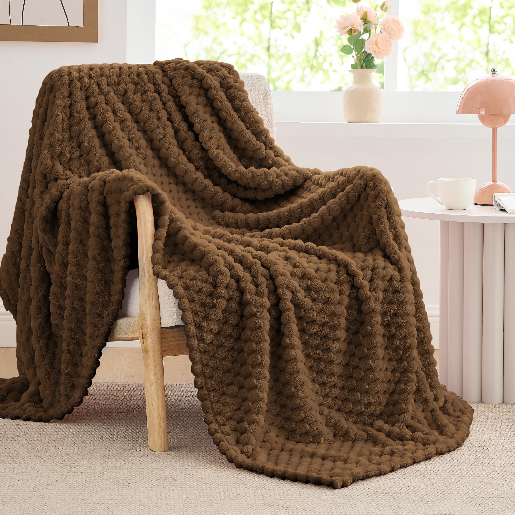 Bedelite Fleece Blanket - 3D Jacquard Decorative Brown Throw Blankets For Couch & Bed, Soft And Cozy Warm Plush Fluffy Blanket A
