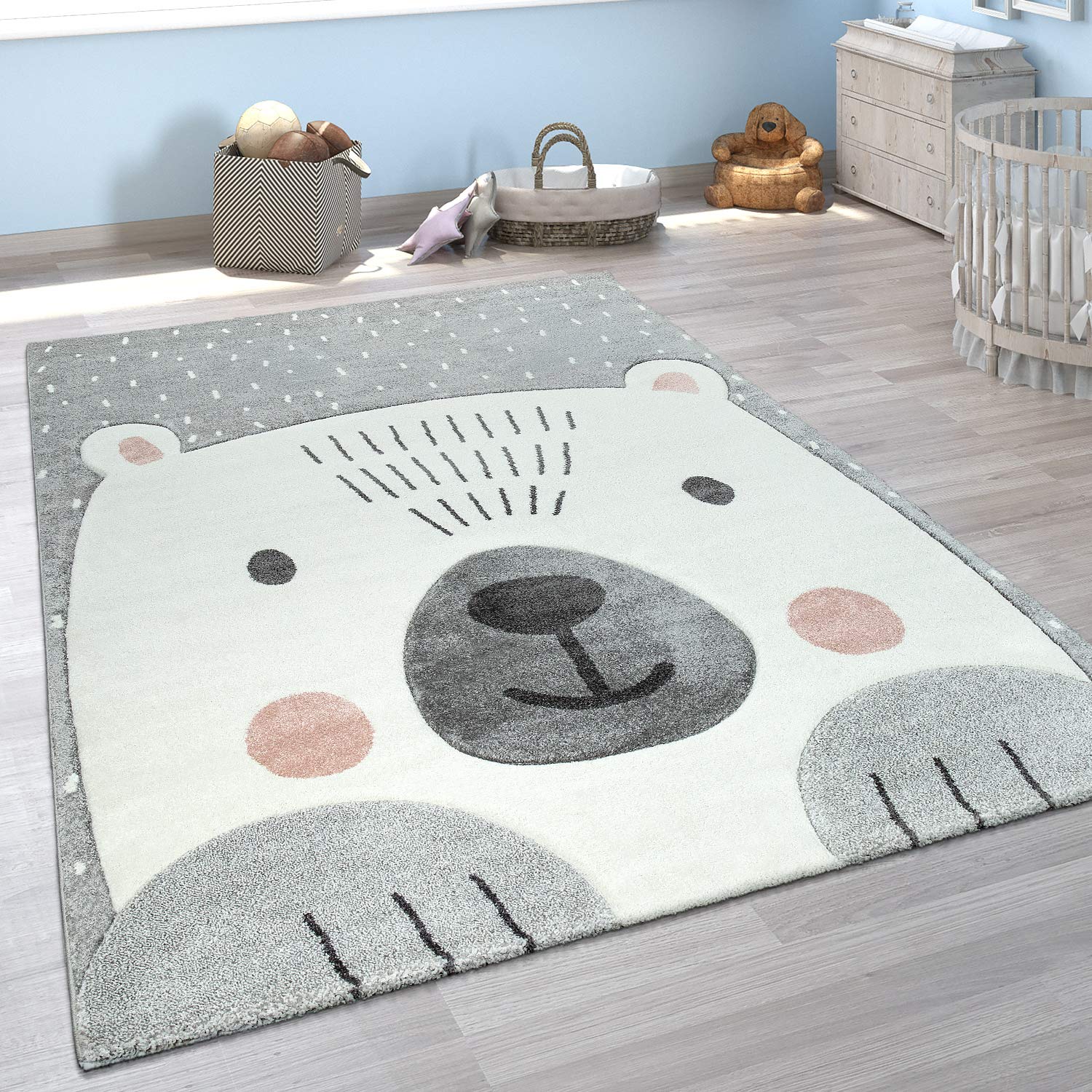 Paco Home Kids Room Rug With A Cute Bear In Grey White, Size: 4'7' X 6'7'