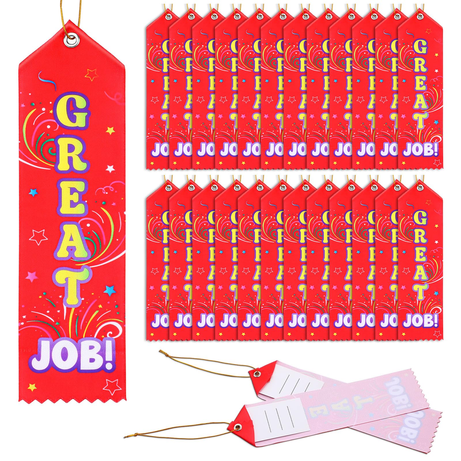 Wavwavw 100 Pcs Great Job Award Ribbons Bulk 8 x 2 Prizes Ribbons with Event Card and String Award Prize Gift for Tournaments Co