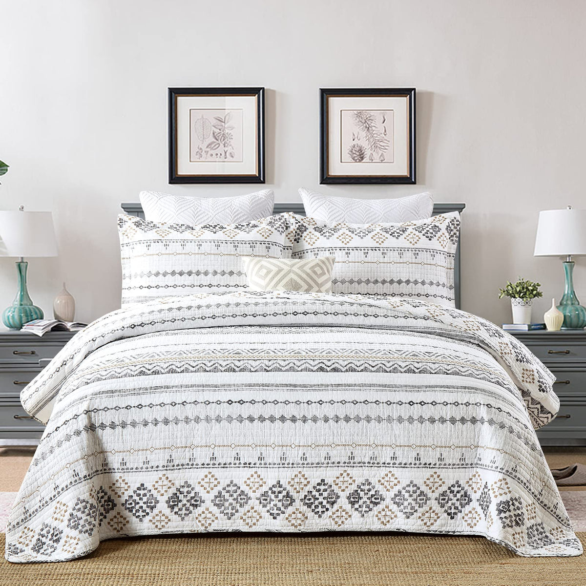 Sahsahcasa Quilt King Size, Set, 100% Cotton Boho Quilt, Bedding Set Bedspreads, Bohemian Reversible Lightweight Striped Quilts