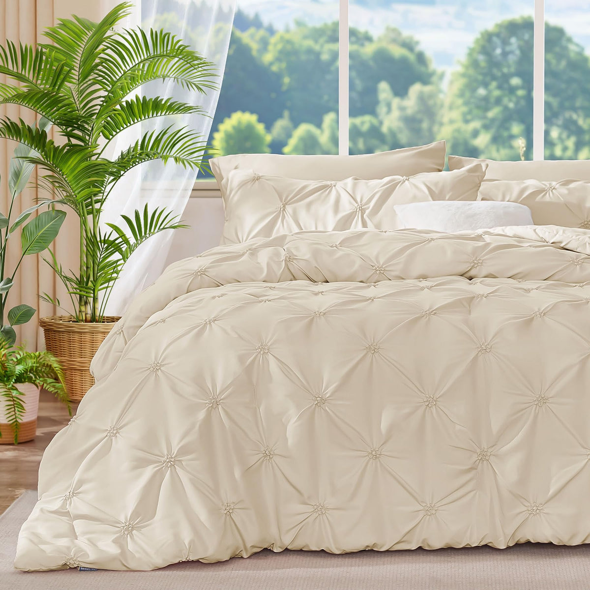Bedelite Beige Queen Comforter Set - 3 Pieces Boho Pintuck Bedding Comforter Sets, Lightweight Soft & Warm Bed Comforter Queen W