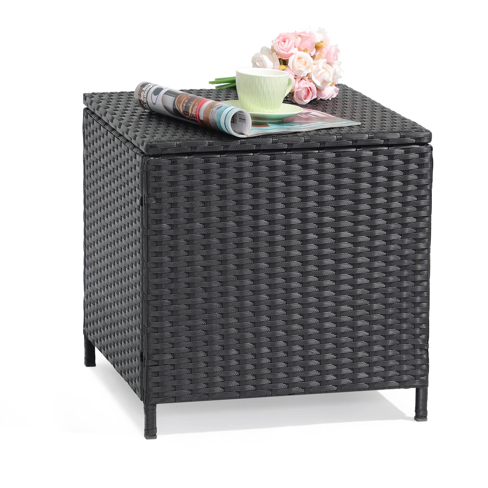 Verano Garden Outdoor Wicker Side Table, Small Storage Rattan Wicker End Table, Square Resin Coffee Table For Garden Porch Deck