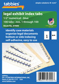 Tabbies Legal Numerical Exhibit Index Tabs, Blue Color Edge, 1/2' Tabs, 100 Tabs/Pack (57000), #1-100