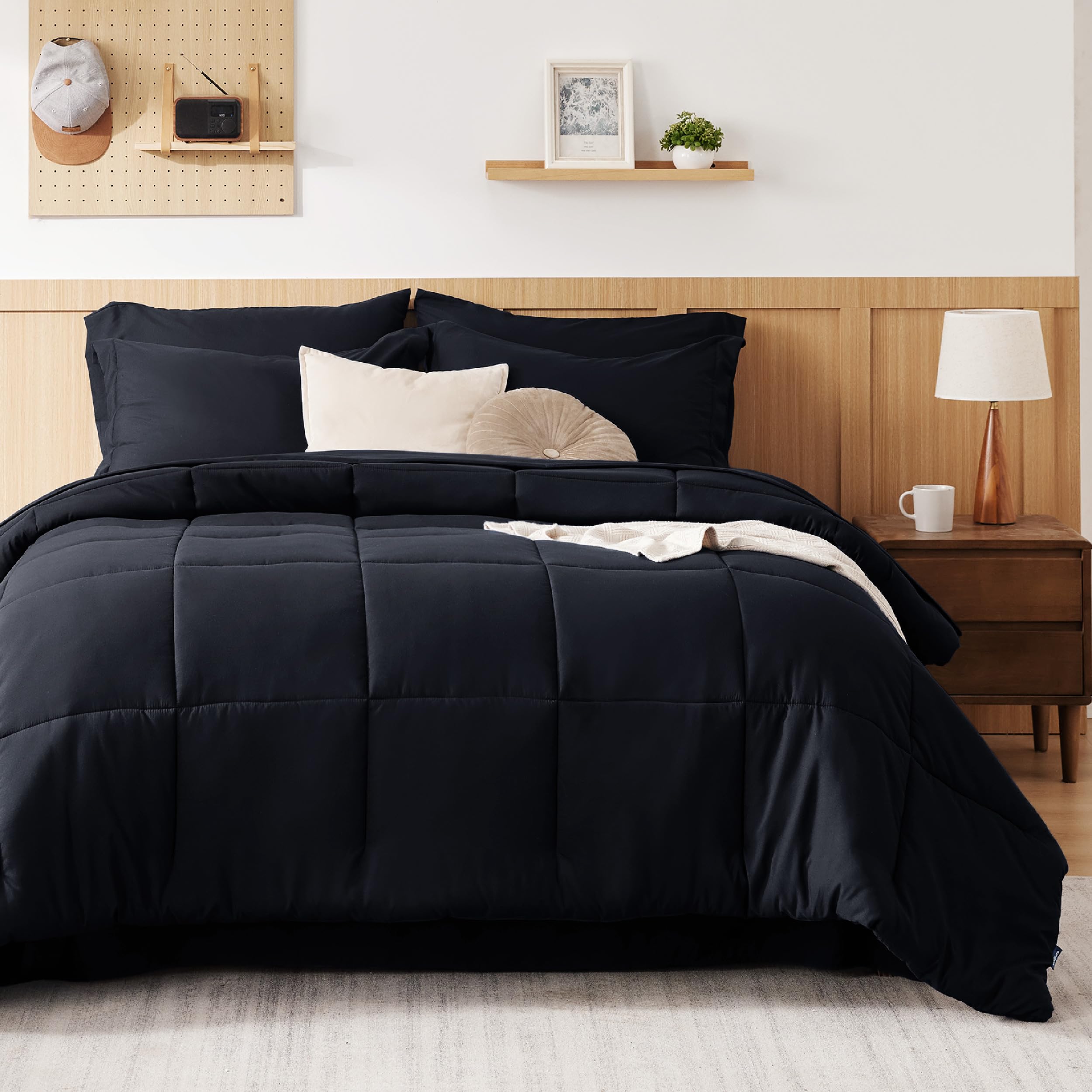 Bedsure Black Comforter Set Queen - 7 Pieces Solid Bed In A Bag, Queen Bed Set With Comforter, Sheets, Pillowcases & Shams