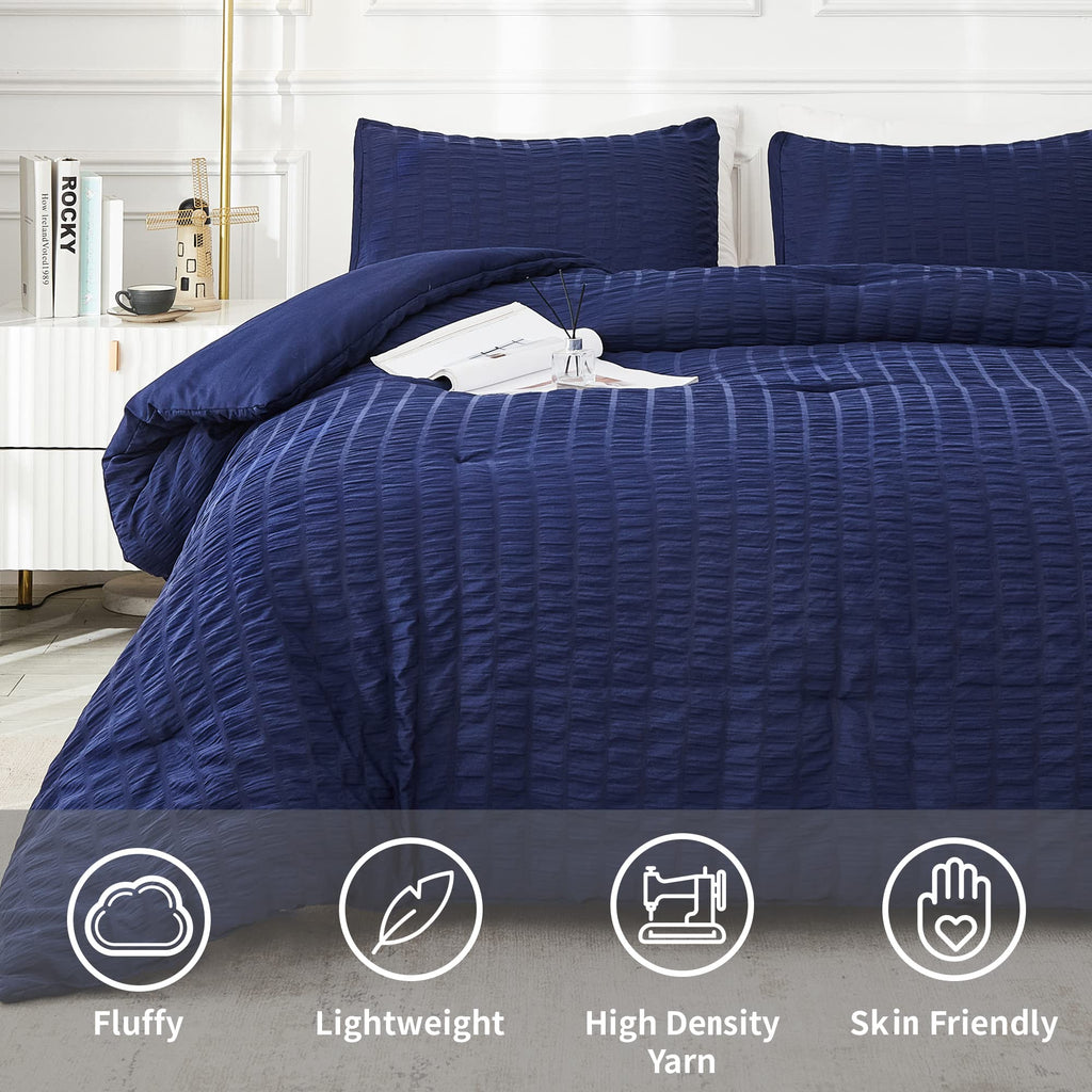 Avelom Navy Blue Seersucker California King Comforter Set (104X96 Inches), 3 Pieces-100% Soft Washed Microfiber Lightweight Comforter With 2 Pillowcases, All Season Down Alternative Bedding Set