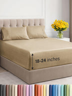 Extra Deep Pocket King Sheets - 4 Piece Breathable & Cooling Bed Sheets - Hotel Luxury Bed Sheet Set - Soft, Wrinkle Free & Comfy - Easily Fits Extra Deep Mattresses - Deep Pocket Heathered Tan Sheets
