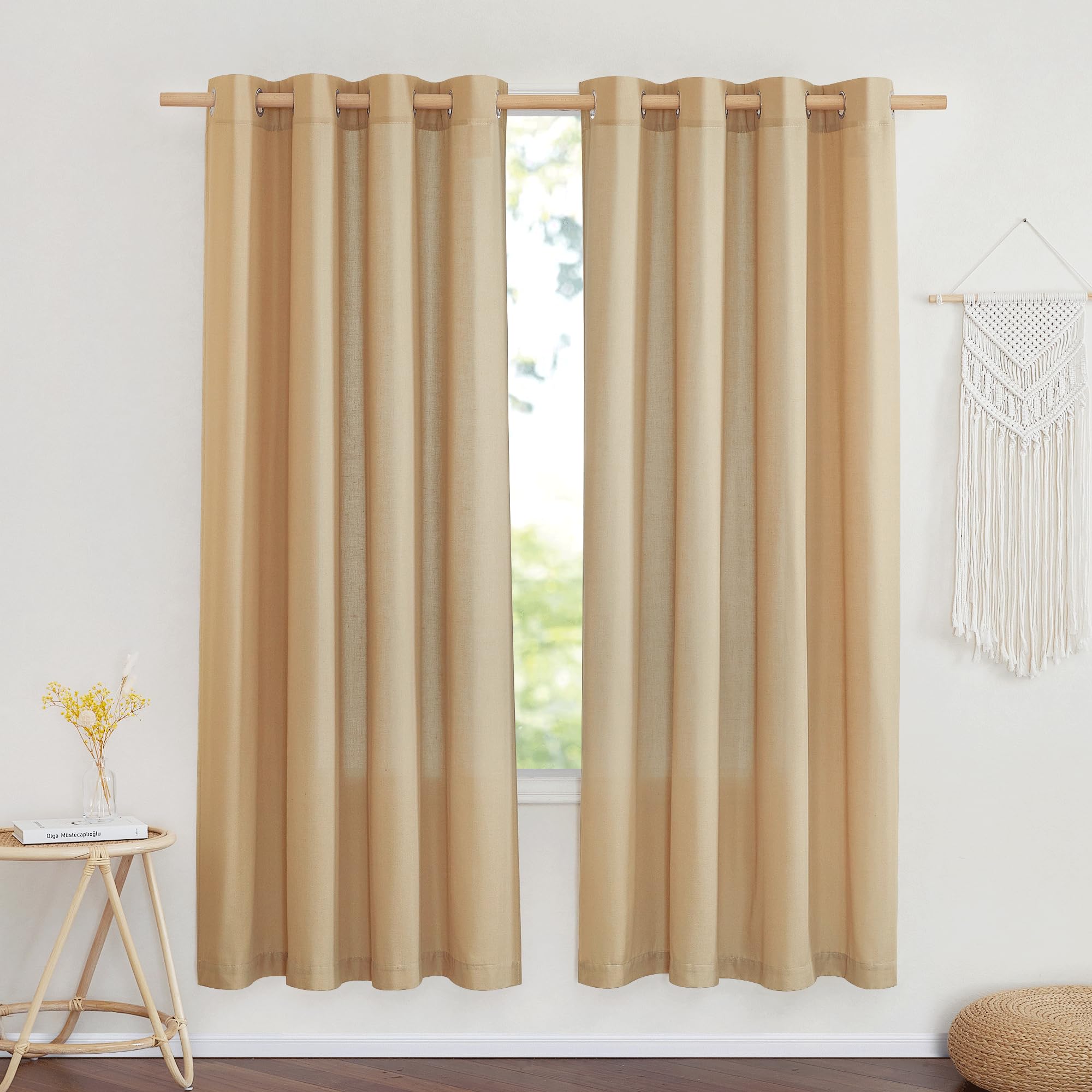 Nicetown Linen Flax Semi Sheer Curtains 72' Length, Grommet Top Bedroom Window Treatments Privacy With Light Filtering Vertical Drapes For Loft/Bedroom, Burlap, W55 X L72, 2 Panels