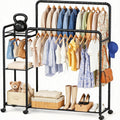 Heavy Duty Clothes Rack with Wheels, Double Rod Clothing Rack with Storage Shelves & Hooks, Rolling Garment Rack Portable Closet